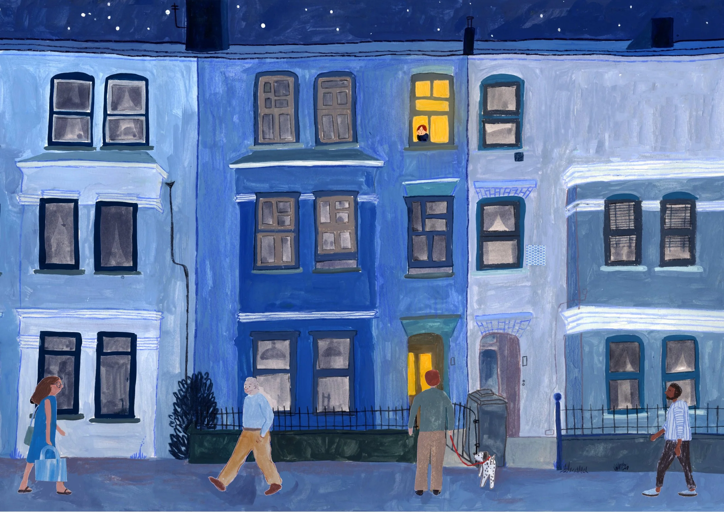Night scene of a row of urban apartment buildings painted in shades of blue, with five people walking on the sidewalk and a person looking out from a lit window.