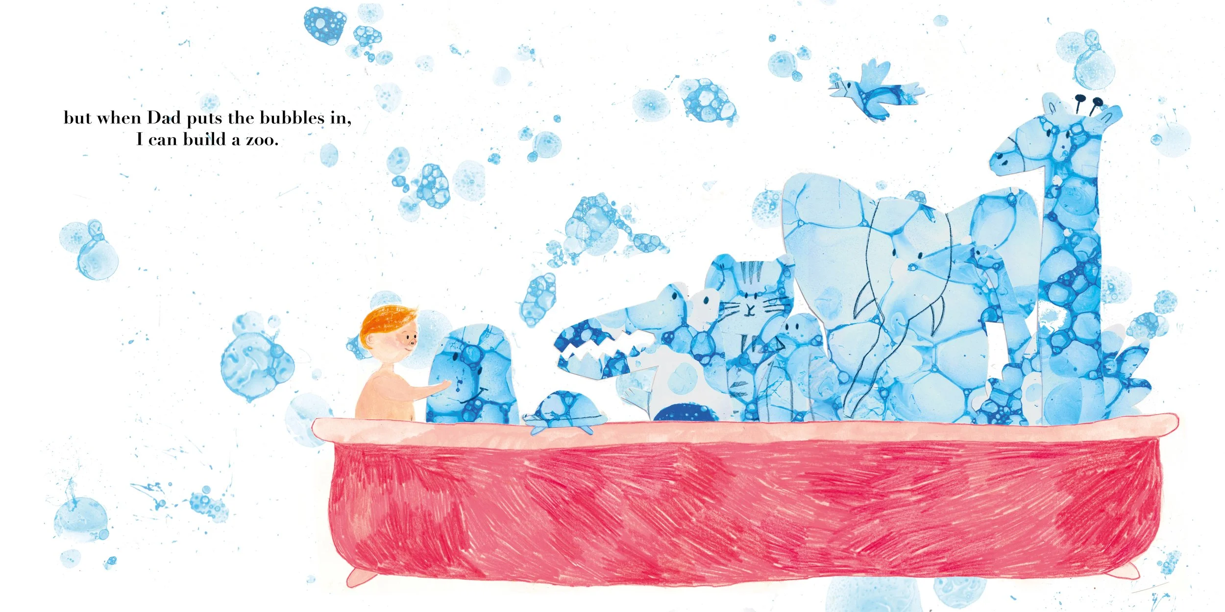 A child in a red boat made of textured strokes playing with blue balloon-like animal figures, including a giraffe, elephant, panda, and crocodile, with blue bubbles and a flying dragonfly around.