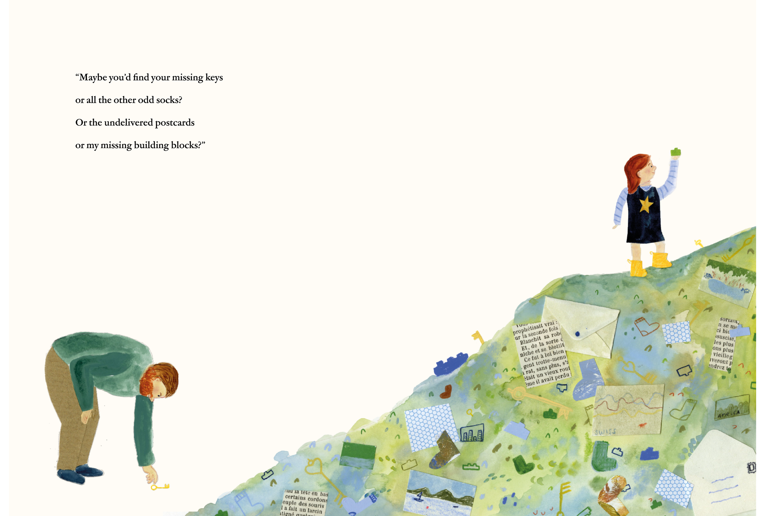 Two children on a grassy hill with scattered paper items such as letters, notes, and drawings. One child is bending down reaching for a key, the other is standing on the hill holding a green object.