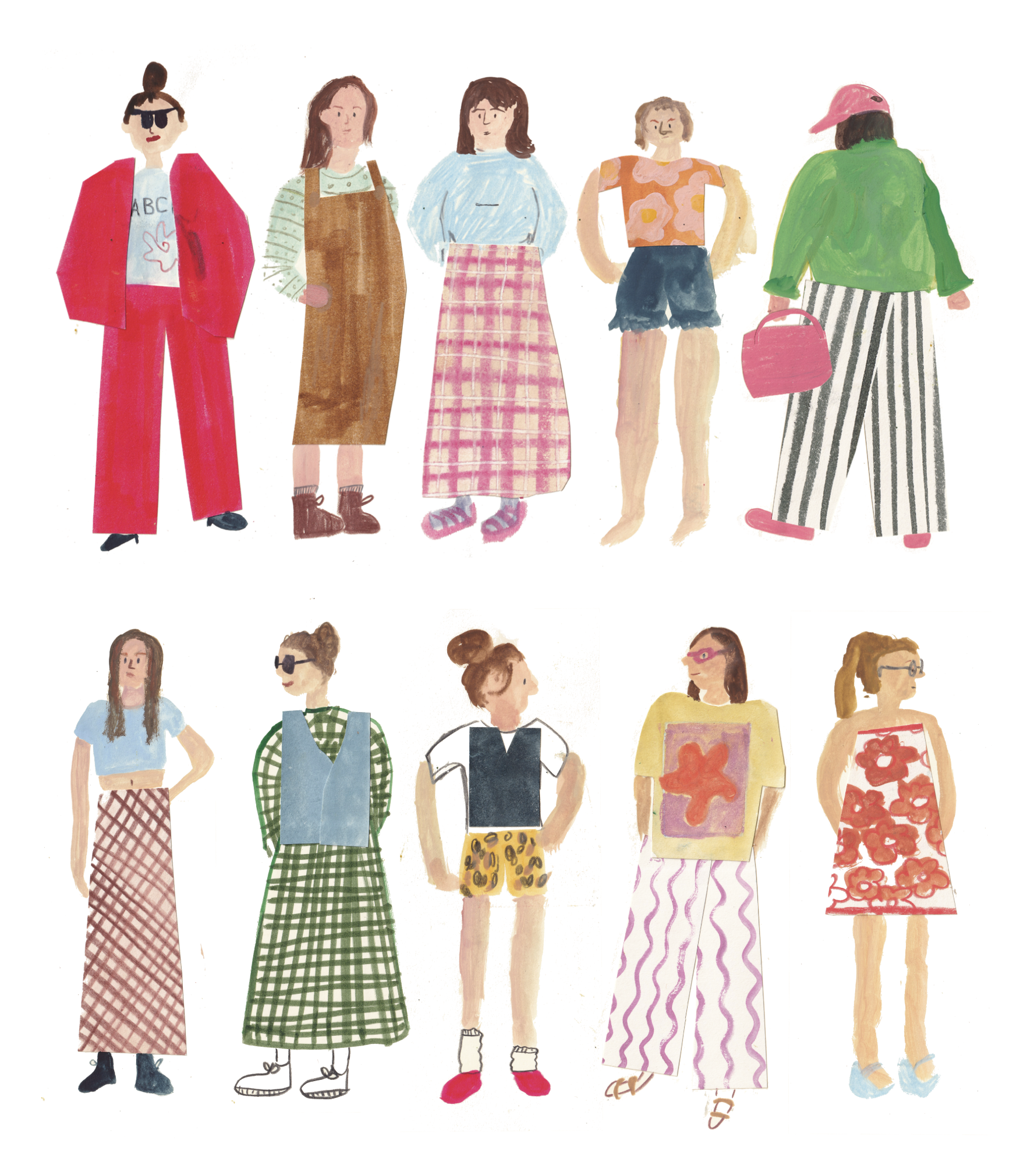 Illustration of ten diverse women dressed in colorful, casual, and trendy outfits, standing in two rows.