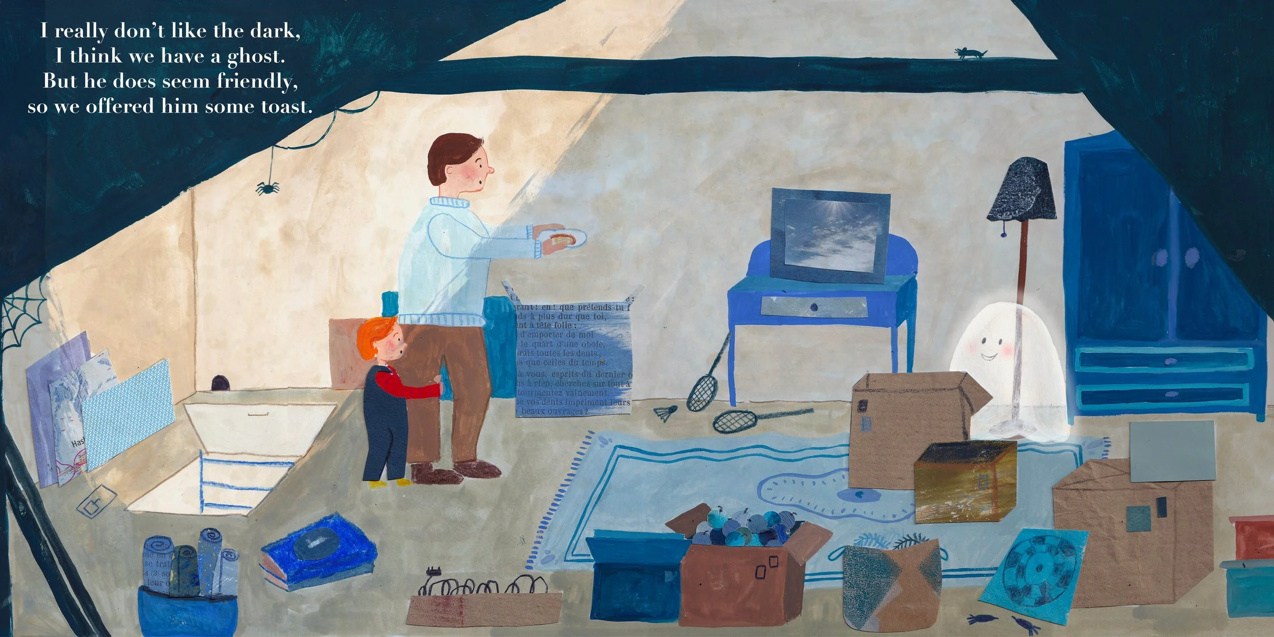 A cozy attic room decorated with some spider webs, a flashlight, and a spider hanging from the ceiling. There are books, cans, and boxes scattered around. A boy and a girl are playing with a toast and a ghost with a smiling face. The boy is holding a