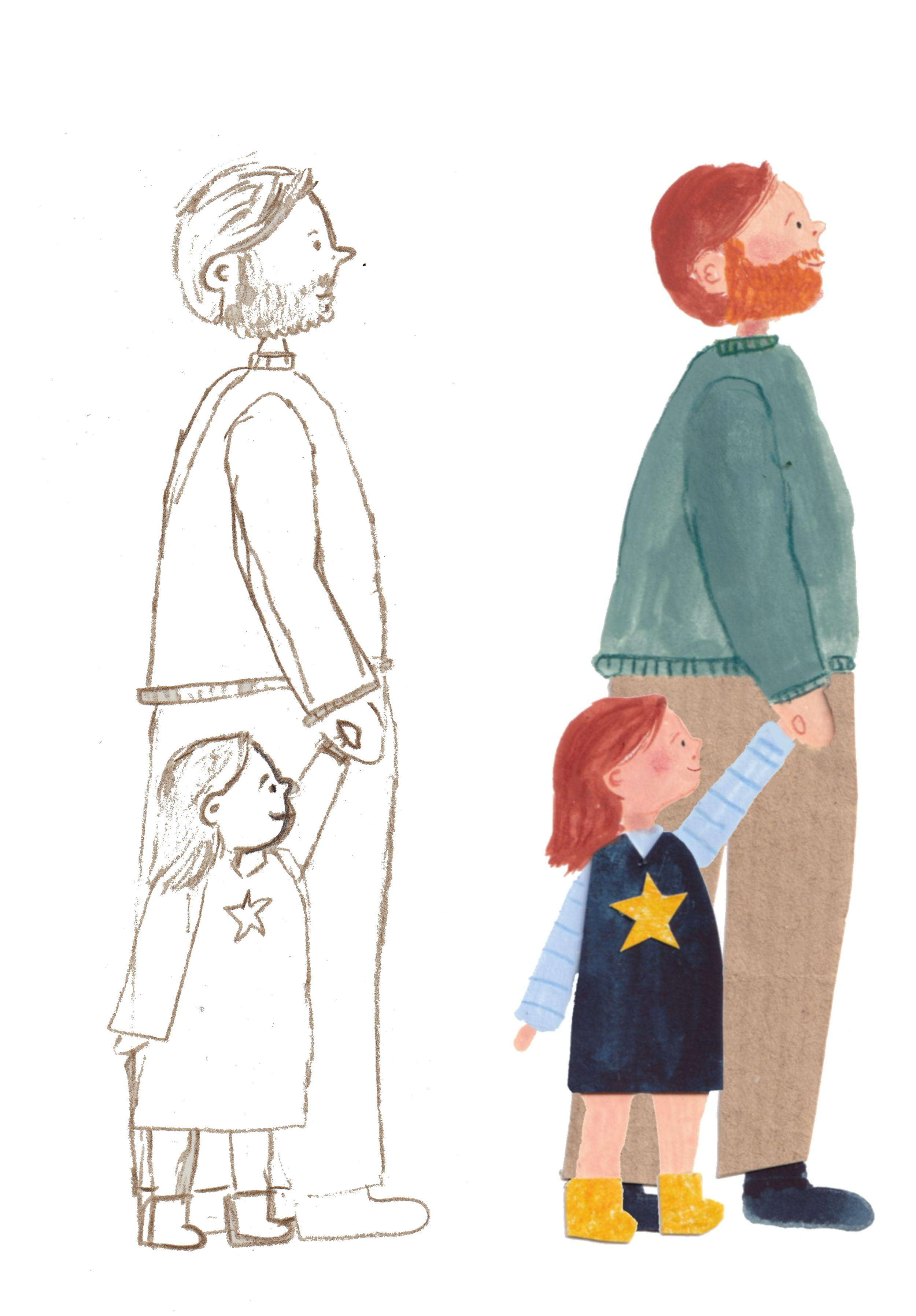 A side-by-side comparison of a hand-drawn illustration and a colored version of a family: a man with a beard, a young girl with a star on her dress, and another man with red hair and a beard, all standing in profile.