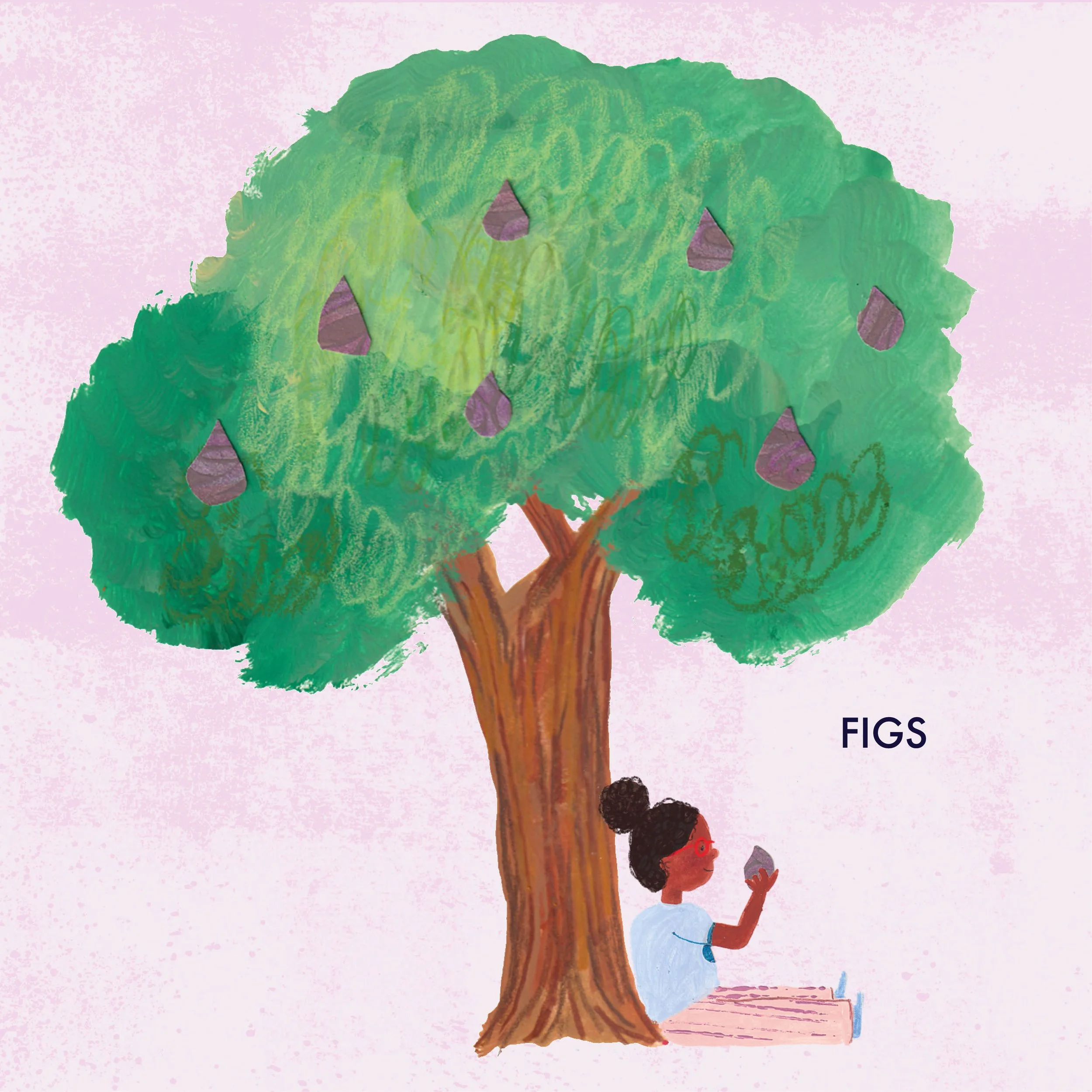 A colorful illustration of a girl with glasses sitting under a large fig tree with purple figs hanging from its branches, on a pink background.