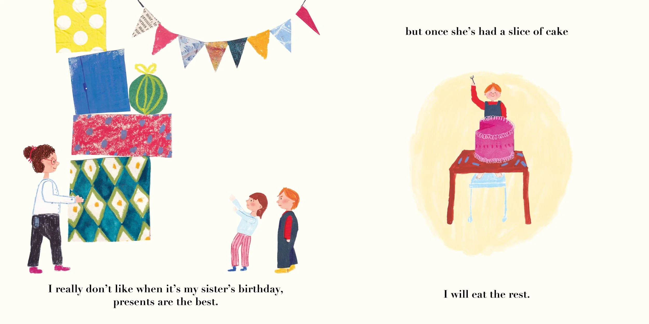 Children celebrating a birthday with a decorated Christmas tree-like stack of presents, a balloon, and party banners. A girl with curly hair, glasses, and a white sweater comments on not liking her sister's birthday. A boy and girl stand nearby; the 