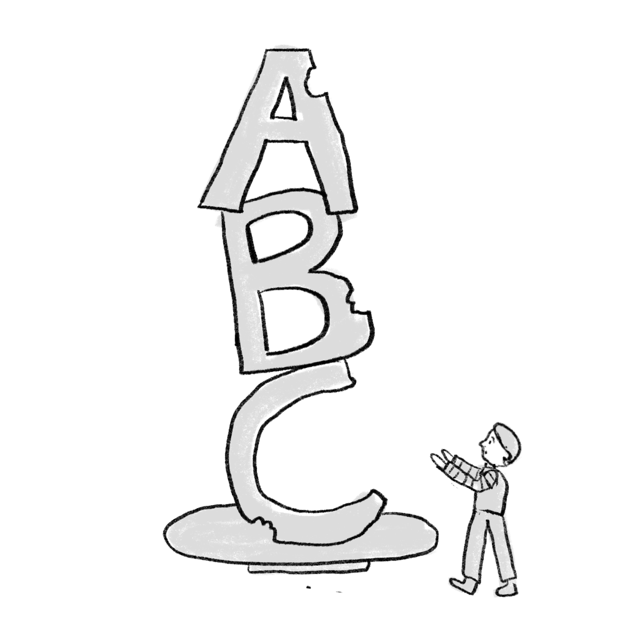 A black and white drawing of a person standing in front of giant ice cream letters spelling 'A', 'B', and 'C' on top of a cone-shaped base.