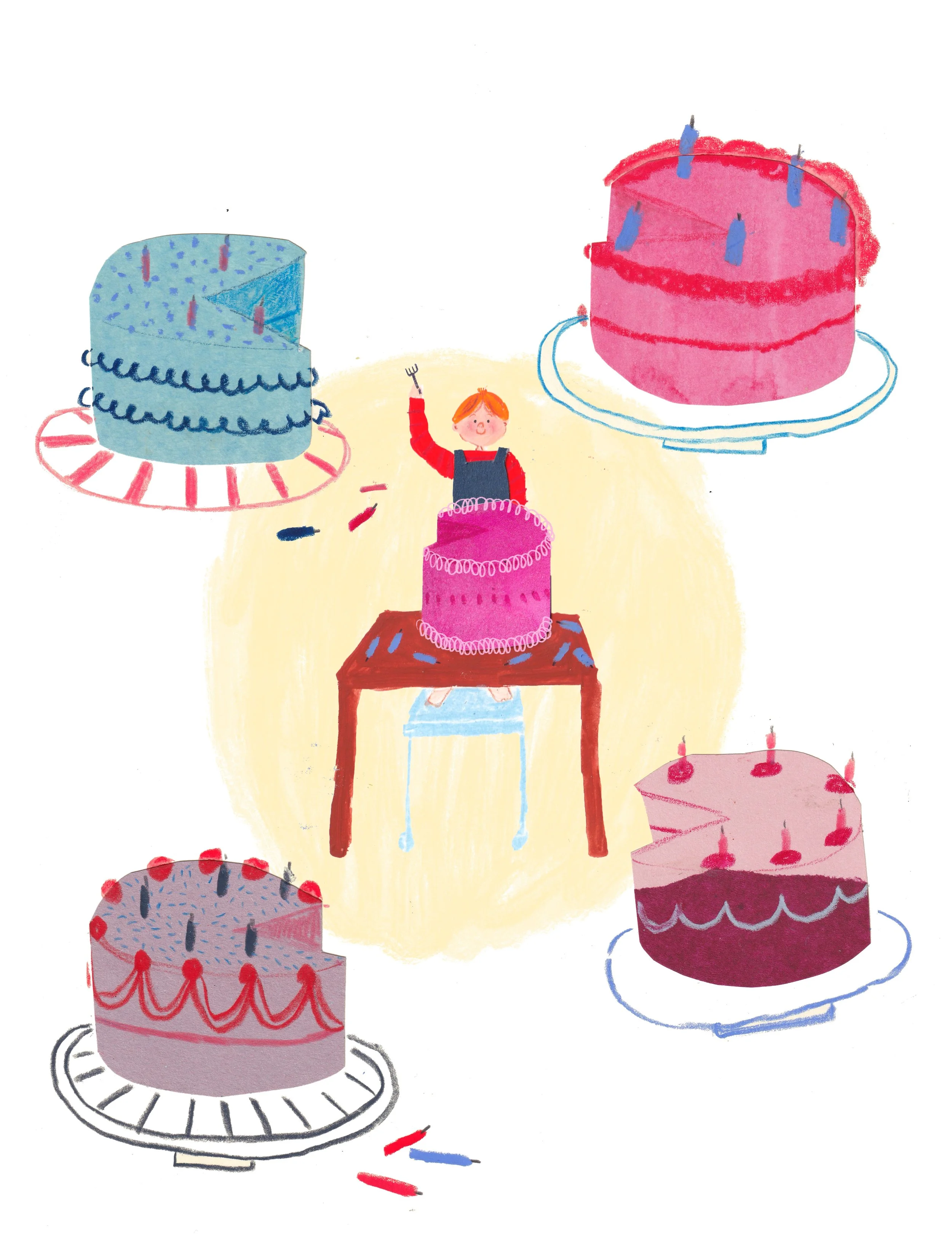 Child celebrating birthday with five decorated cakes on plates, wearing a red shirt and black apron, standing on a blue stool.
