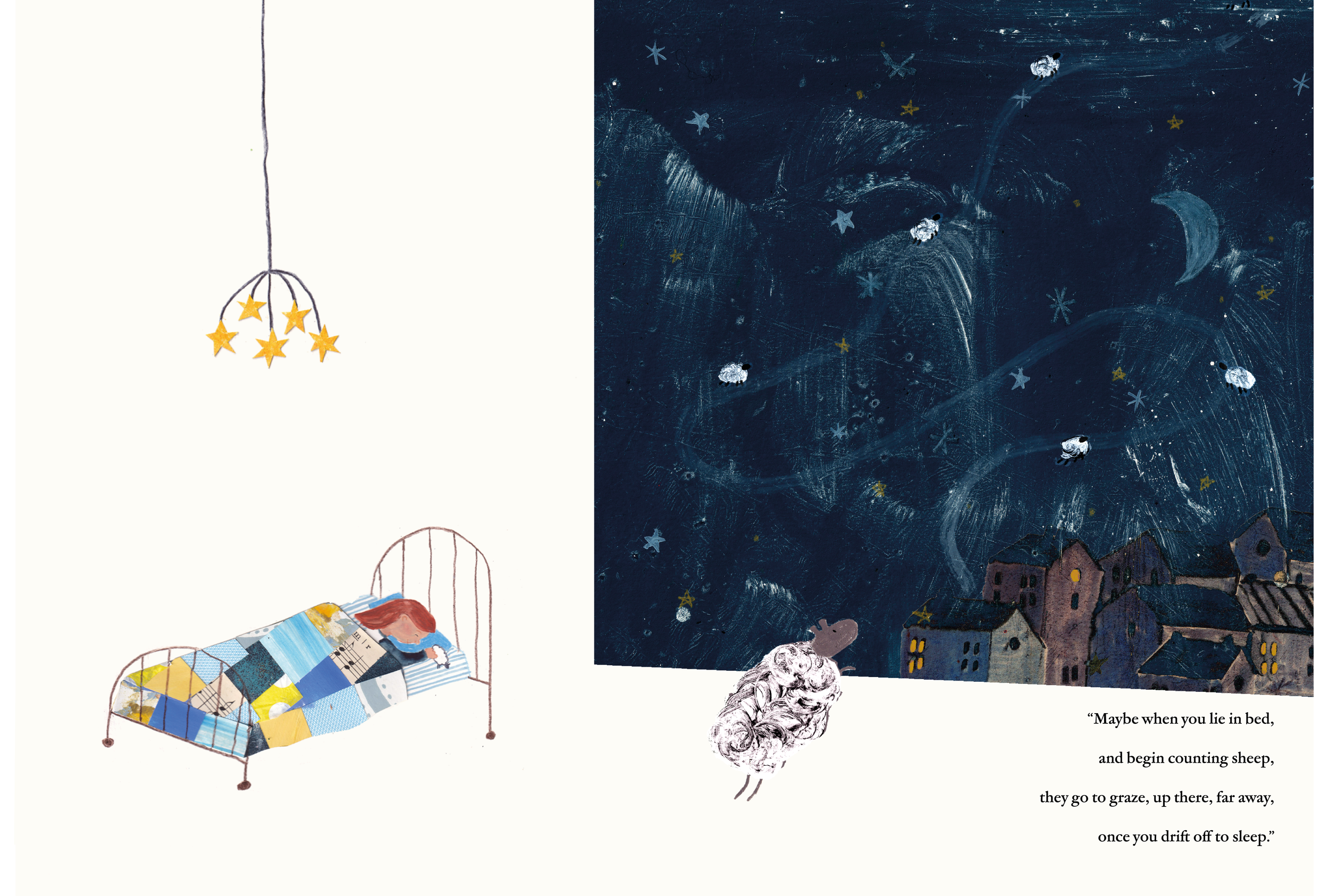 A young girl lying in bed under a colorful patchwork quilt, with a night sky showing stars, the moon, and sheep, and a nearby illustration of a sheep with curly wool and a small town below.