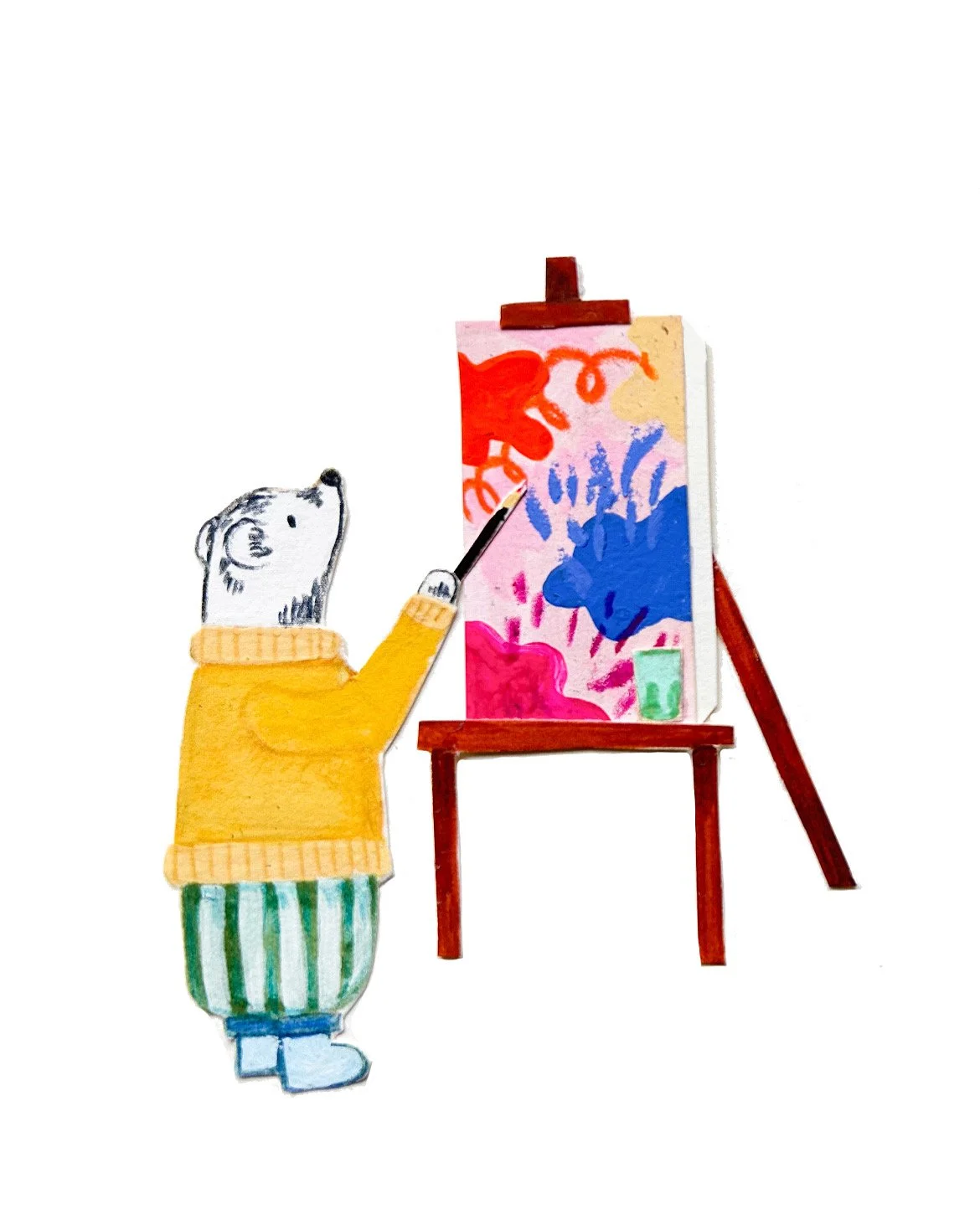 A cartoon bear wearing a yellow sweater and green-striped pants is painting on a canvas set on an easel.