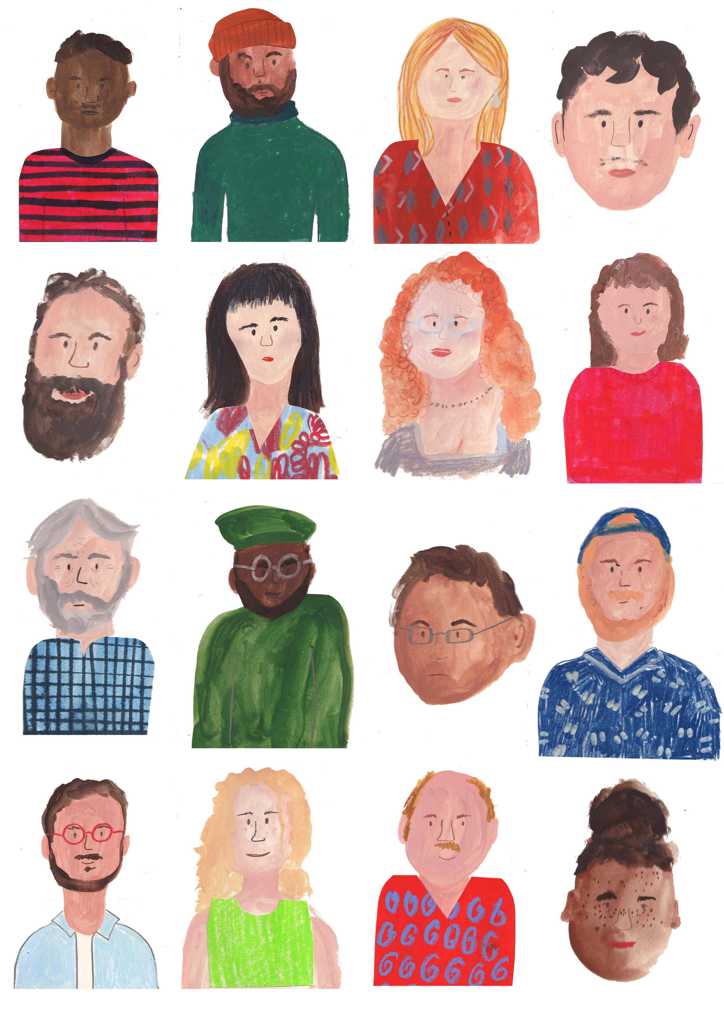 A colorful illustration of fifteen diverse people arranged in a grid pattern, each with unique clothing and features.
