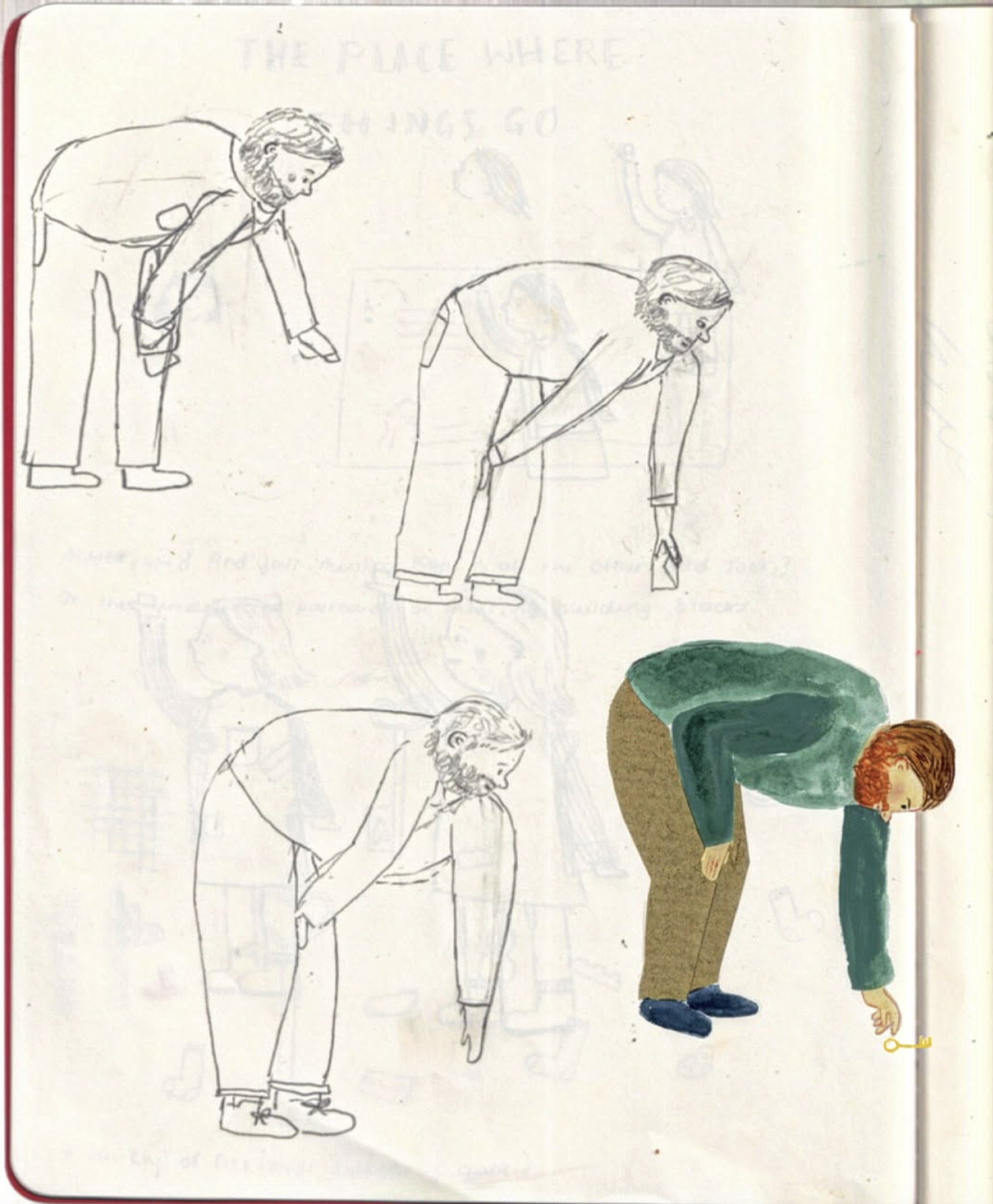 A sketch of a person in different positions of reaching for a key on the ground, with a colored illustration of the same person in a green shirt and brown pants, bending down to pick up a key.