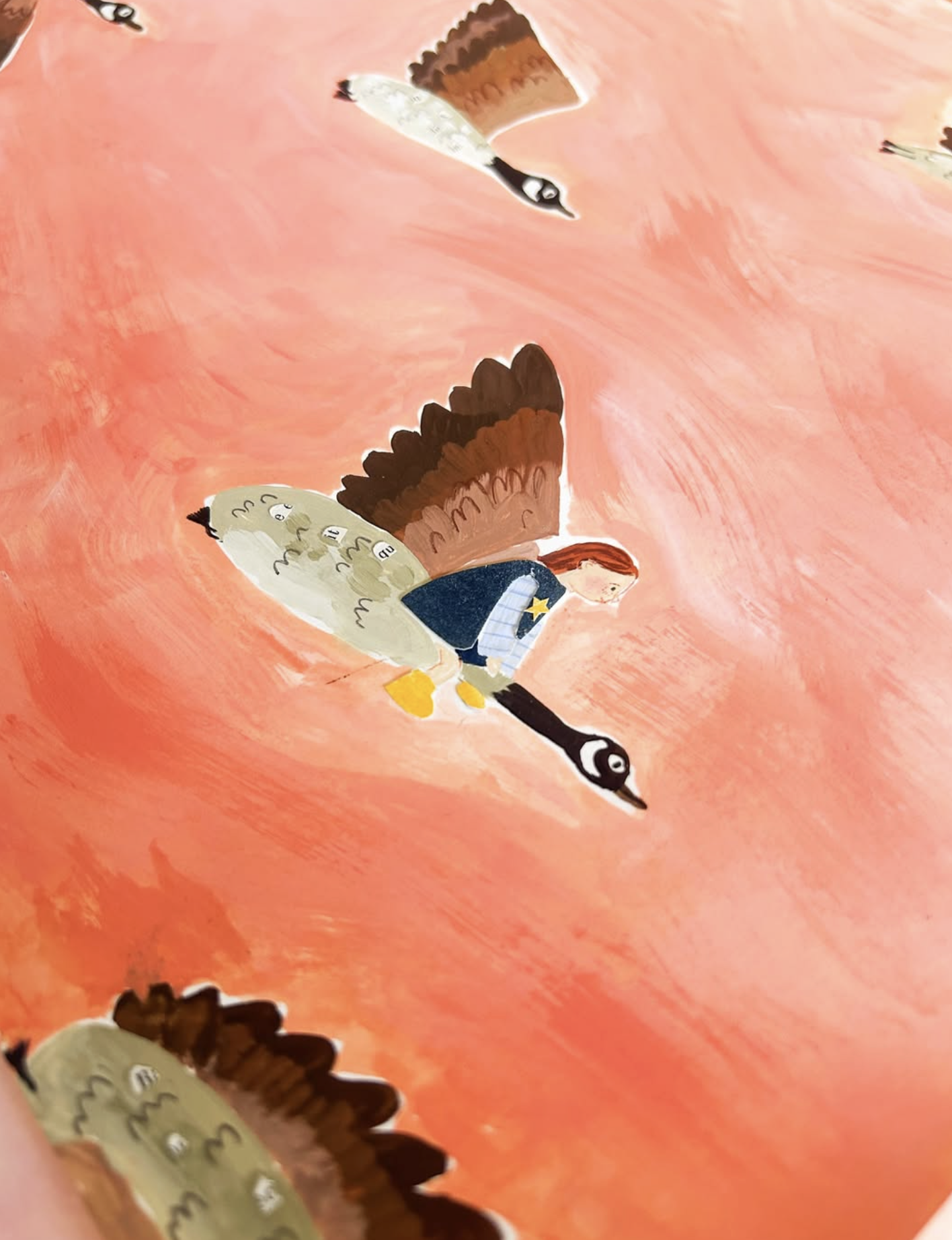 Illustration of a girl riding a bird with brown wings and cream-colored body, flying against a pink background with other birds in the distance.