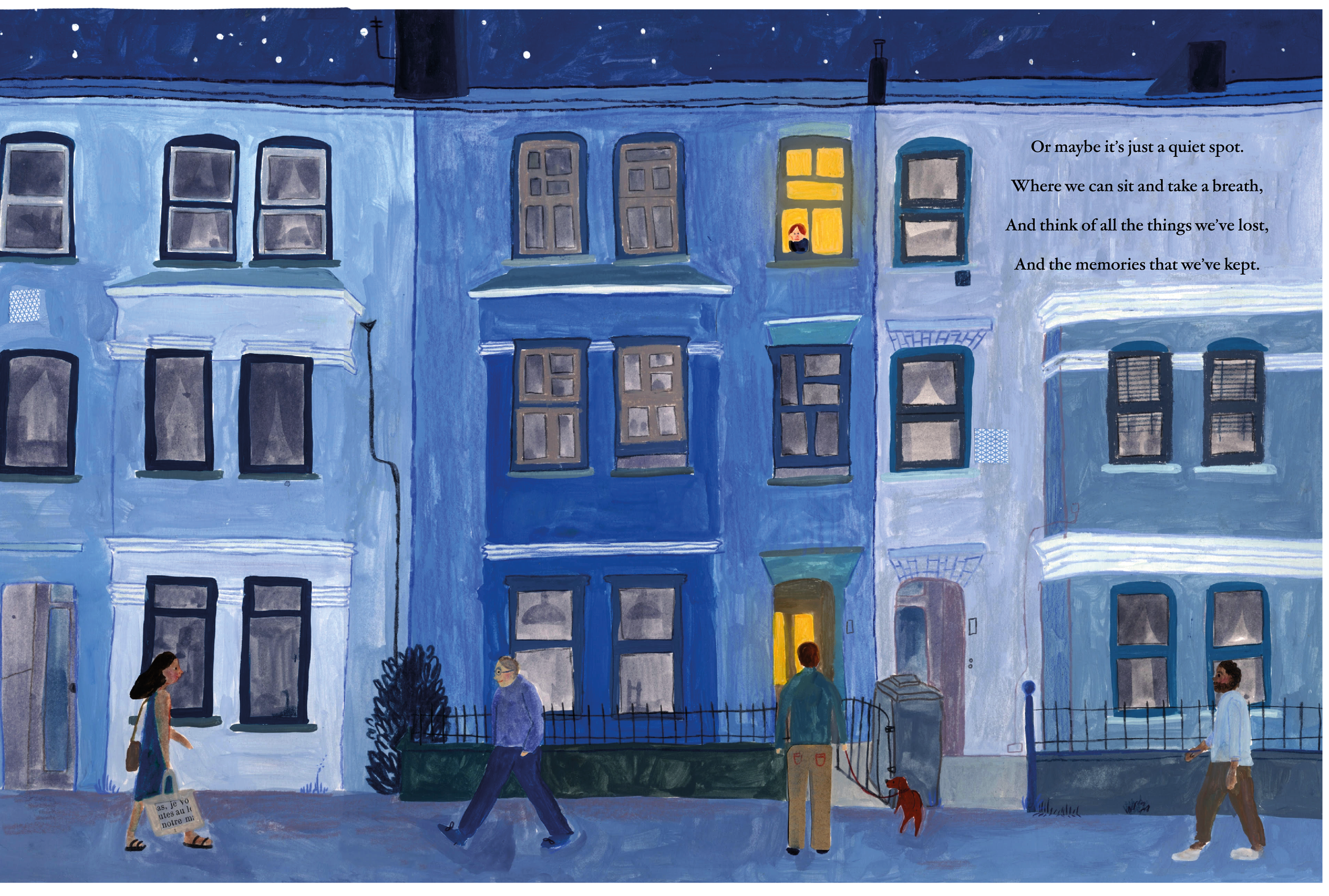 A nighttime painting of a city street with a row of blue and white buildings. Four people walk along the sidewalk, and one person looks out a window with warm light. A poem is written on the upper right side.