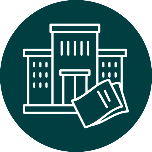 Icono de un edificio con un periódico o folleto en primer plano.