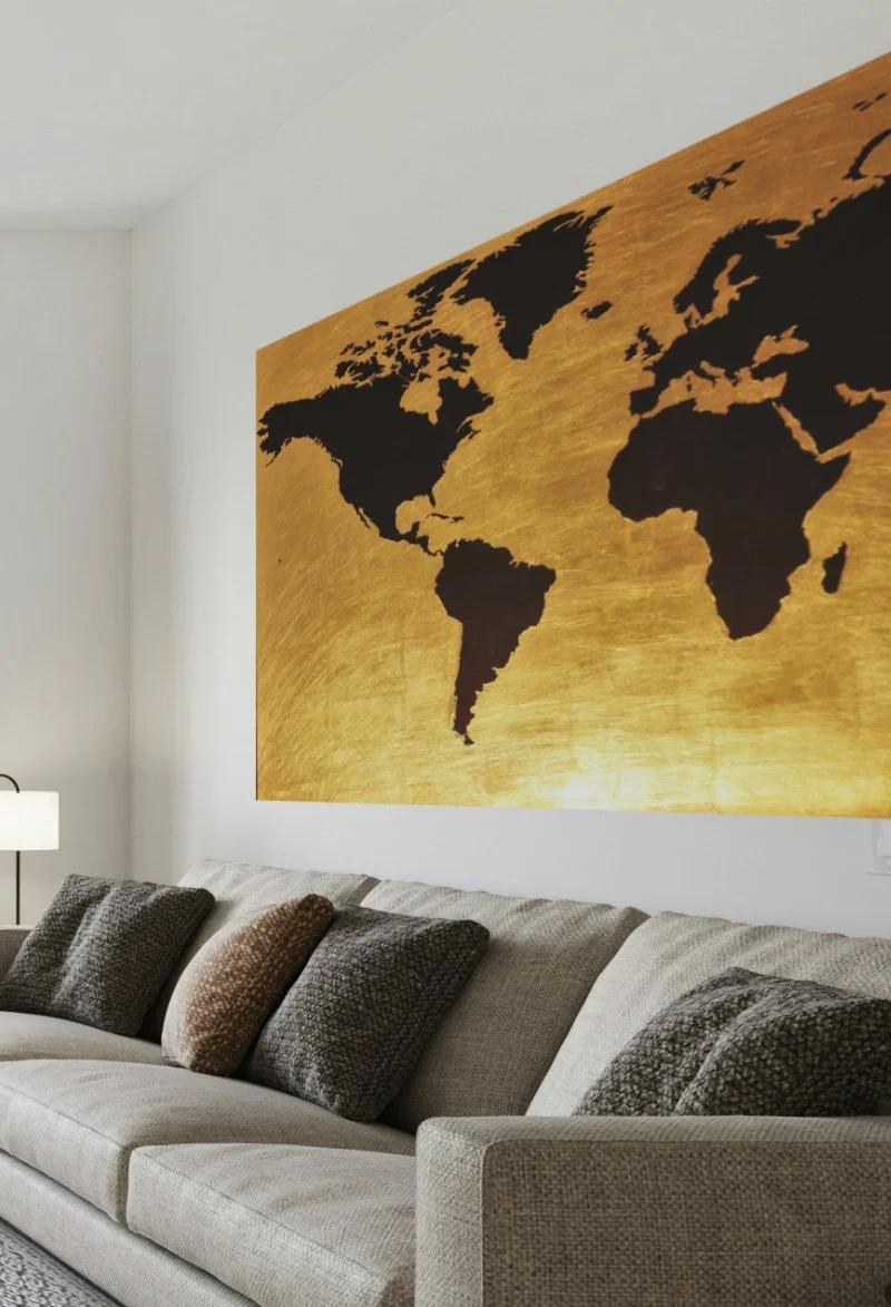 Une peinture représentant une carte du monde en noir sur fond doré, accrochée au mur au-dessus d'un canapé beige garni de coussins gris et marrons dans un salon moderne.