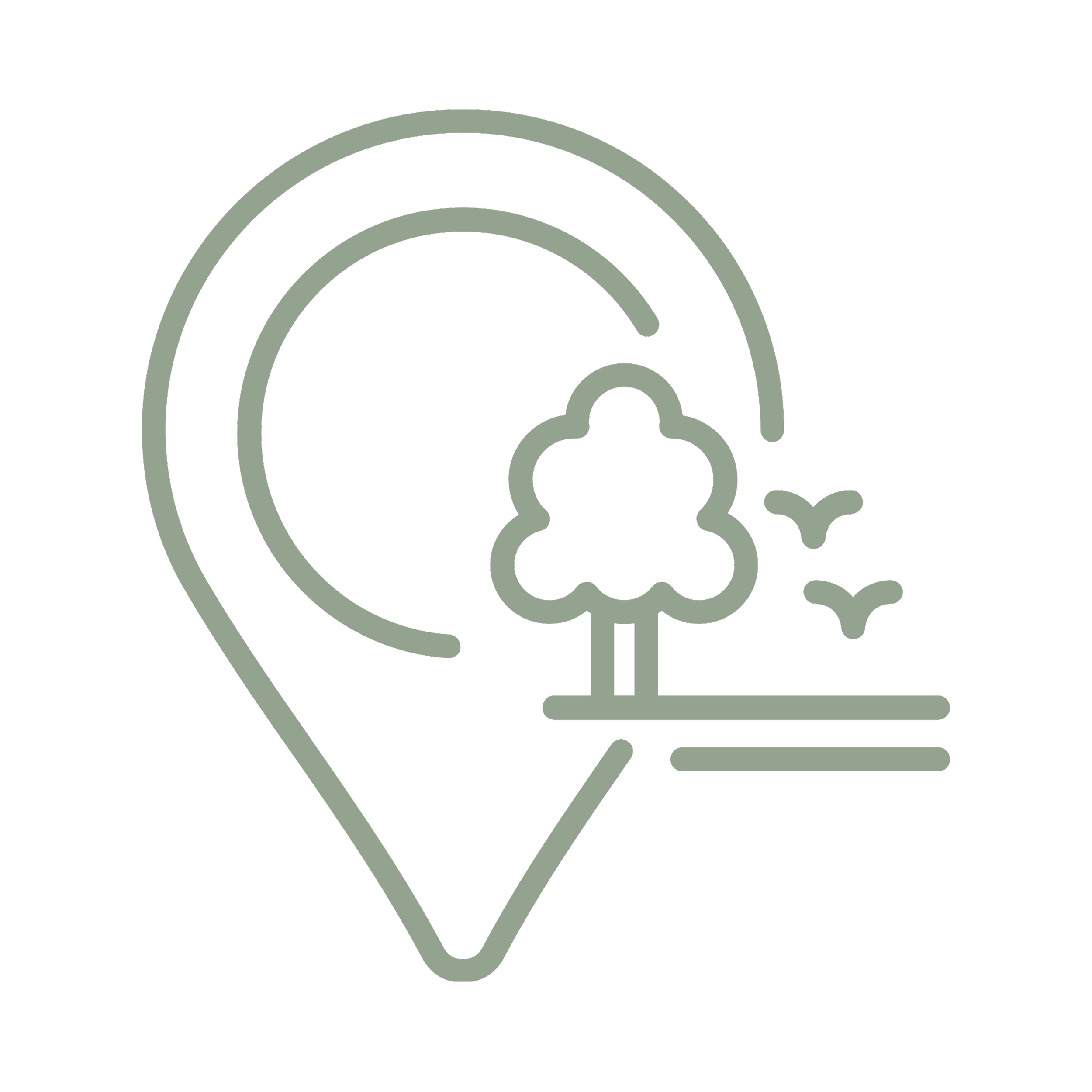 Linienzeichnung eines Landschafts-Icons mit Mond, Baum, zwei Vögeln und Wasserlinie auf schwarzem Hintergrund.