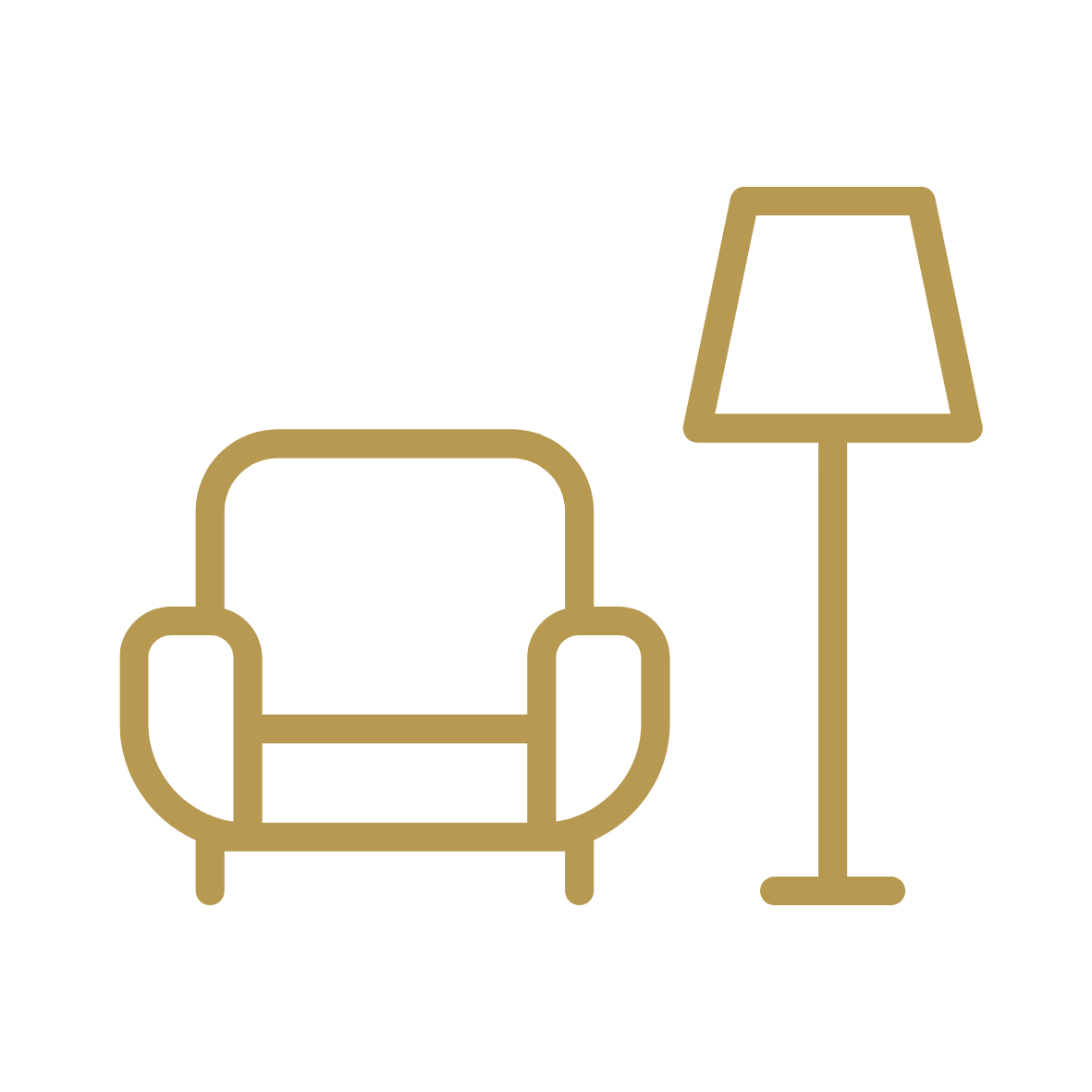 Symbolischer Linienzug eines bequemen Sessel und eines Stehlampens in Goldfarbe auf schwarzem Hintergrund