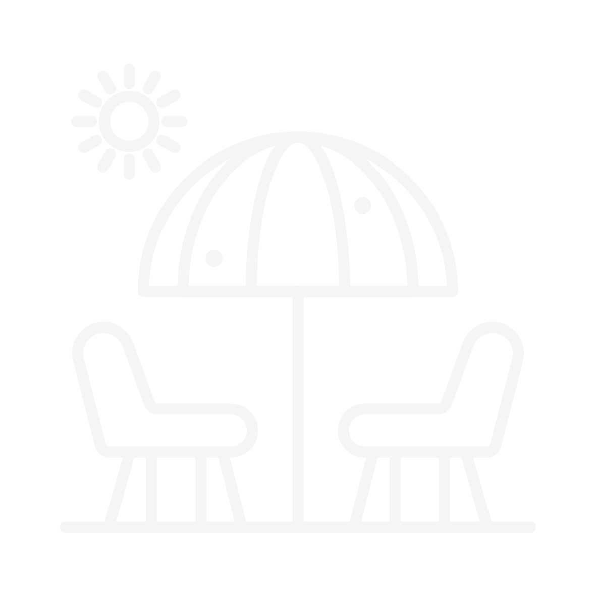Icon eines Sonnenschirms mit zwei Stühlen im Freien an einem sonnigen Tag.