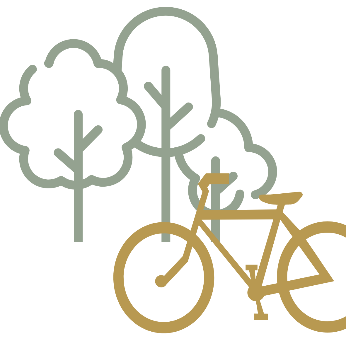 Linienzeichnung von Bäumen und einem Fahrrad.