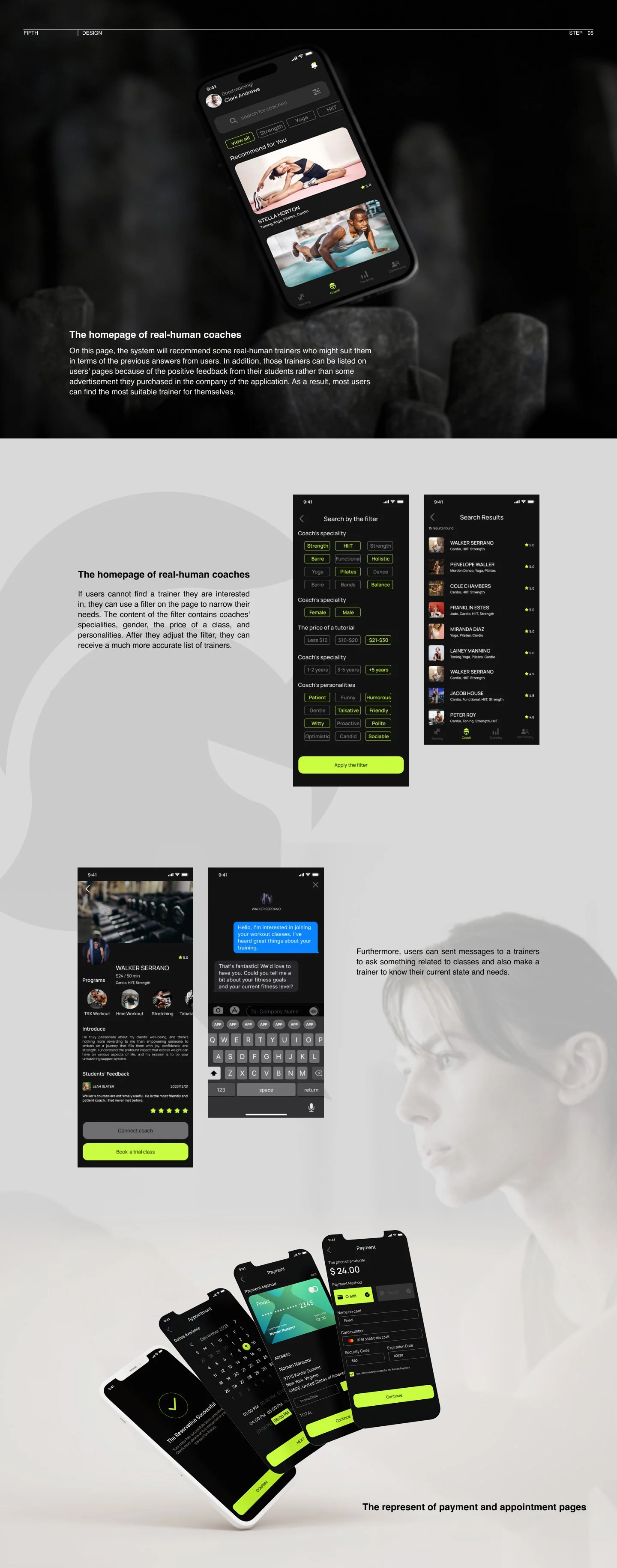 A digital infographic showing the features of a fitness coaching app, including screens for searching trainers, messaging trainers, booking sessions, and payment options.