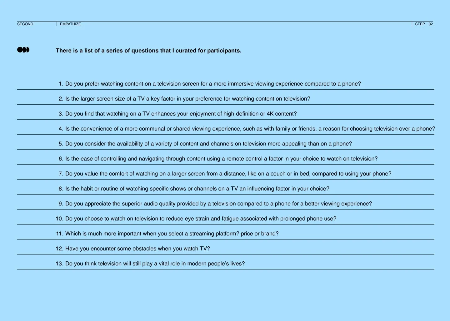 A light blue webpage displaying a list of questions about television watching habits and preferences, with a header and a numbered list.