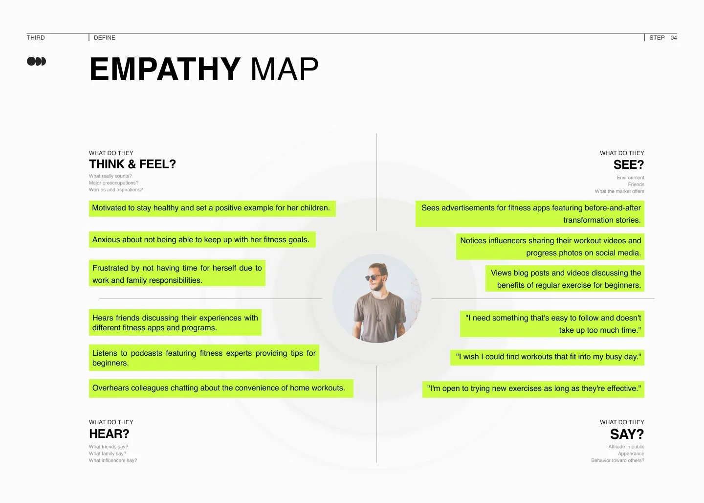 A visual empathy map titled 'EMPATHY MAP' with a photo of a man wearing sunglasses in the center. The map is divided into four sections: 'THINK & FEEL?', 'SEE?', 'HEAR?', and 'SAY?'. The 'THINK & FEEL?' section contains notes about motivation and frustration regarding fitness goals, highlighted in green. The 'SEE?' section discusses fitness app advertisements and influencer content, also highlighted in green. The 'HEAR?' and 'SAY?' sections are labeled but do not contain visible text.
