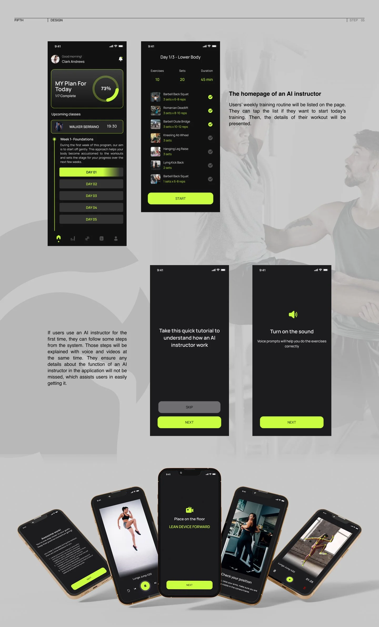 A collection of smartphone screens showing a fitness app with workout plans, exercises, voice prompts, and workout tutorials, with a background image of two people shaking hands.