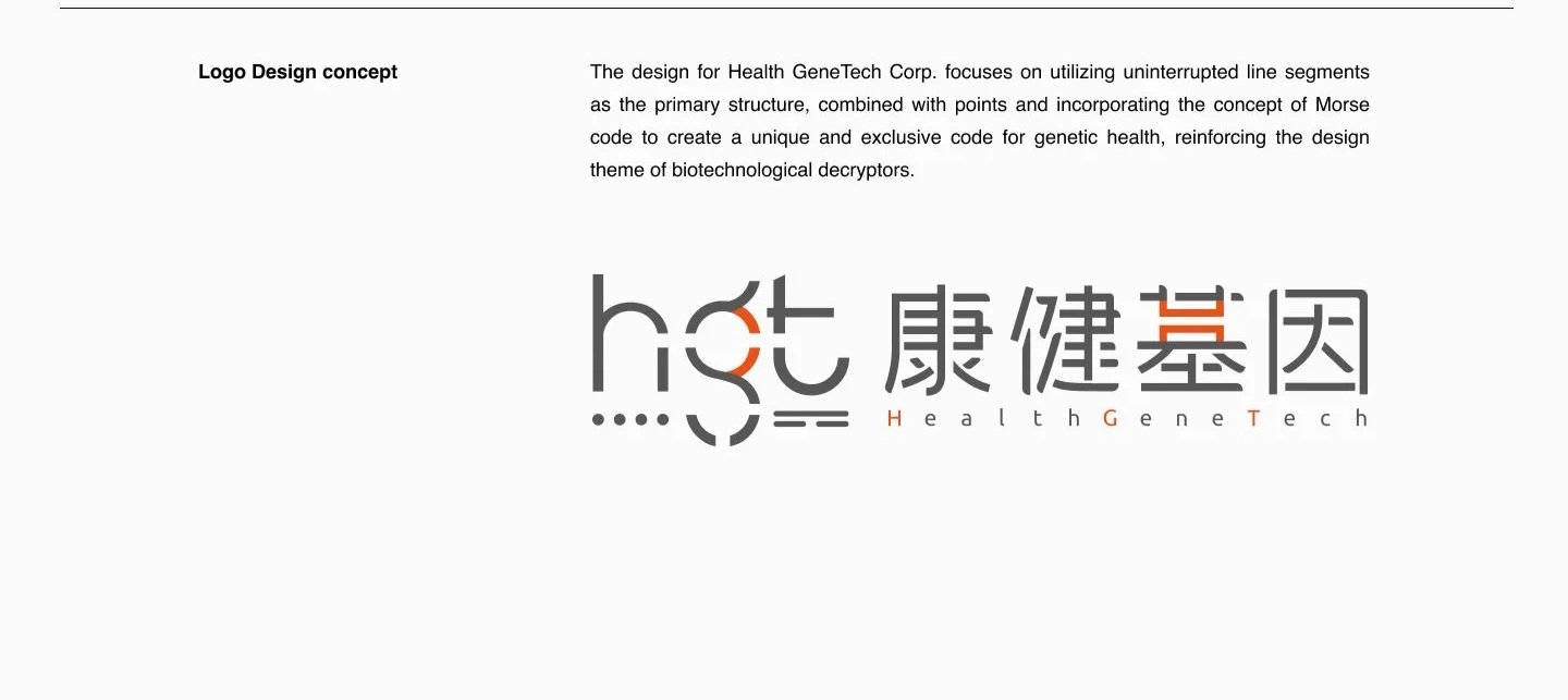 Logo design concept for Health GeneTech, featuring a stylized combination of English and Chinese characters with Morse code elements, and text reading 'HealthGeneTech'.