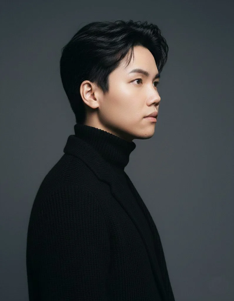 Side profile of a young man with black hair, wearing a black turtleneck and blazer against a gray background.