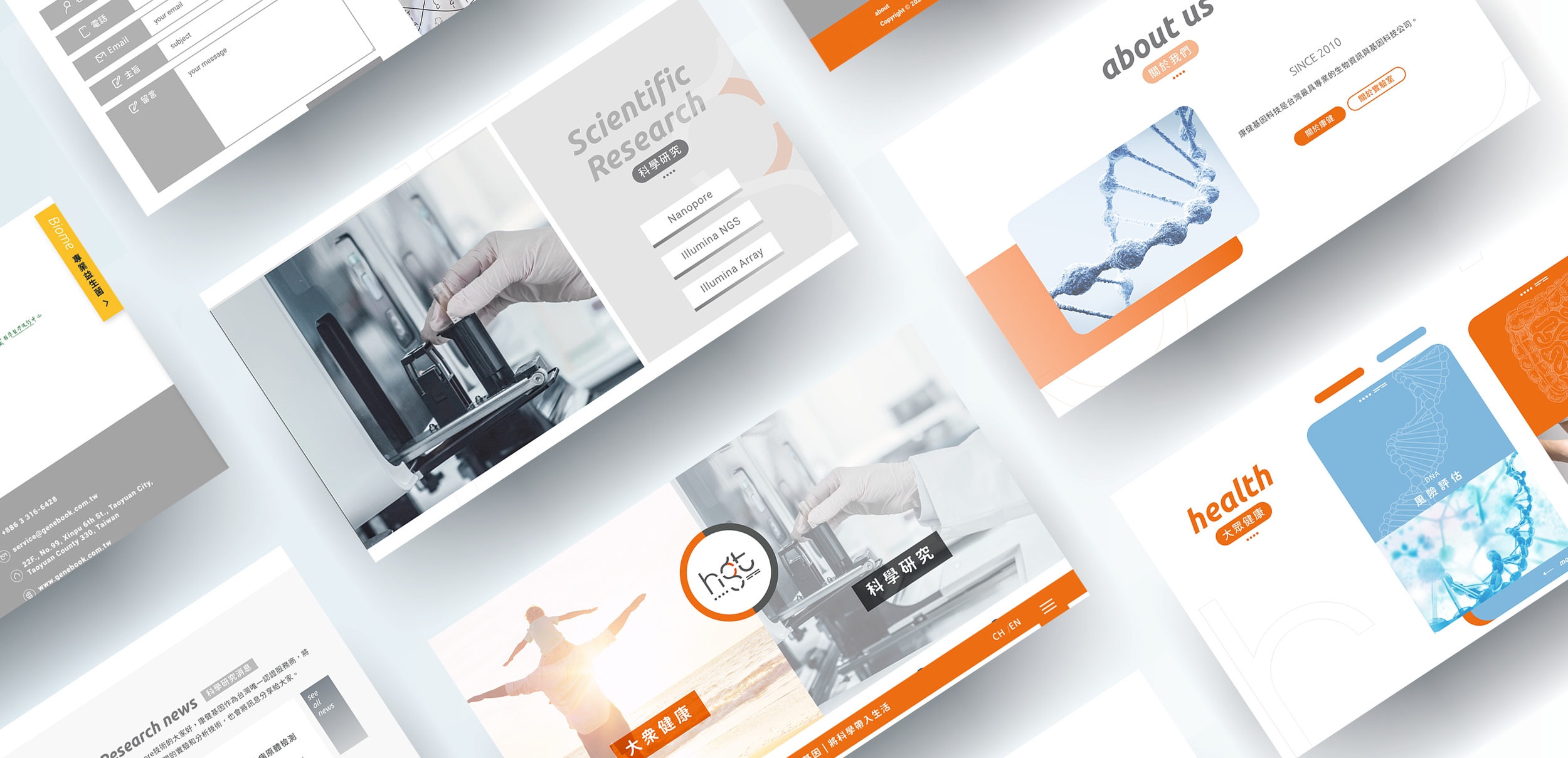 A digital collage of healthcare and scientific research websites featuring images of DNA strands, laboratory equipment, and a person jumping with arms outstretched in a sunny outdoor setting.