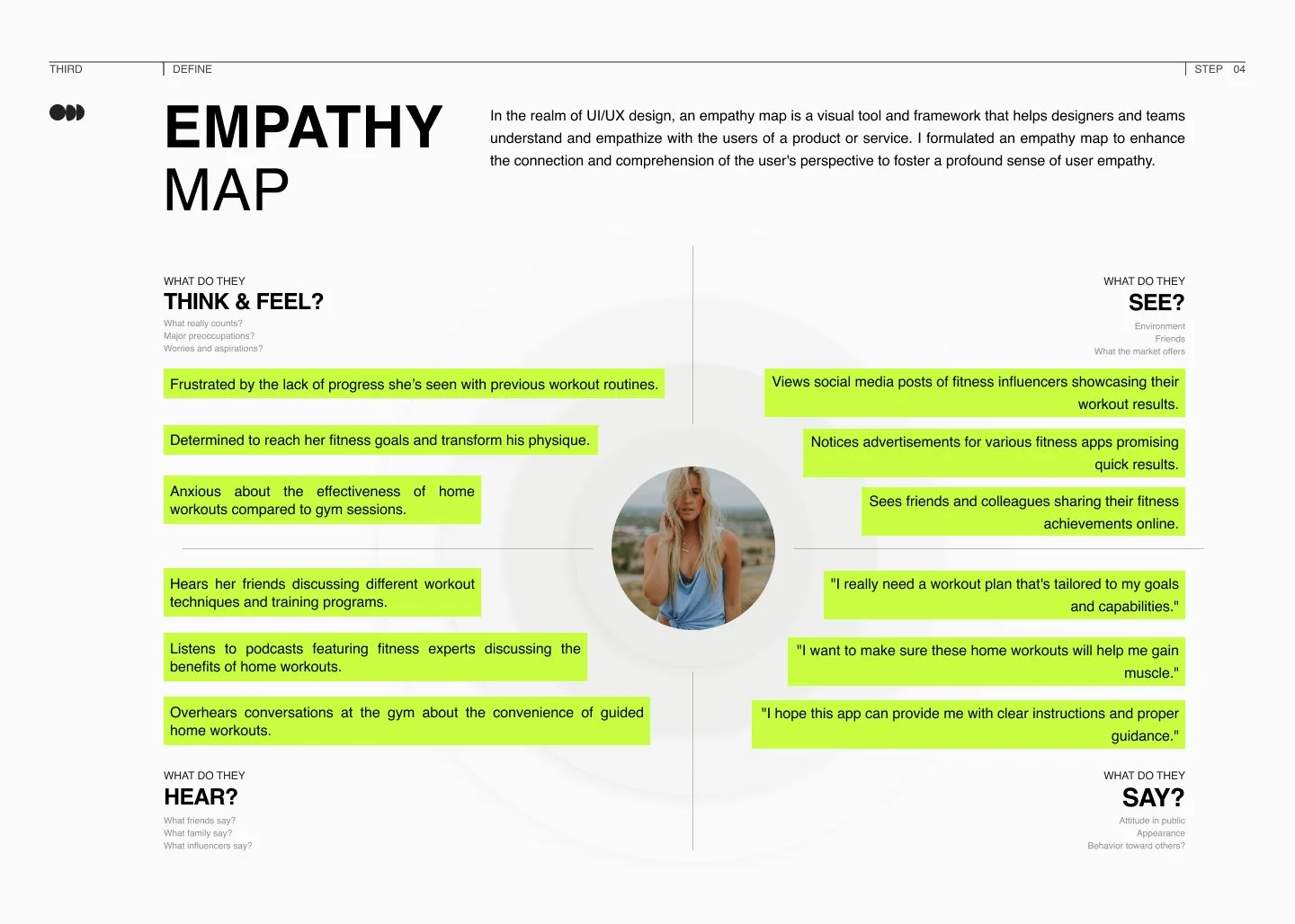 An infographic titled 'Empathy Map' with a circular photo of a woman in the center, surrounded by text. The left side lists feelings such as frustration over progress, determination to reach fitness goals, and listening to fitness podcasts. The right side describes social media views of fitness influencers, advertisements, and sharing achievements. The bottom sections pose questions about what others hear and say.