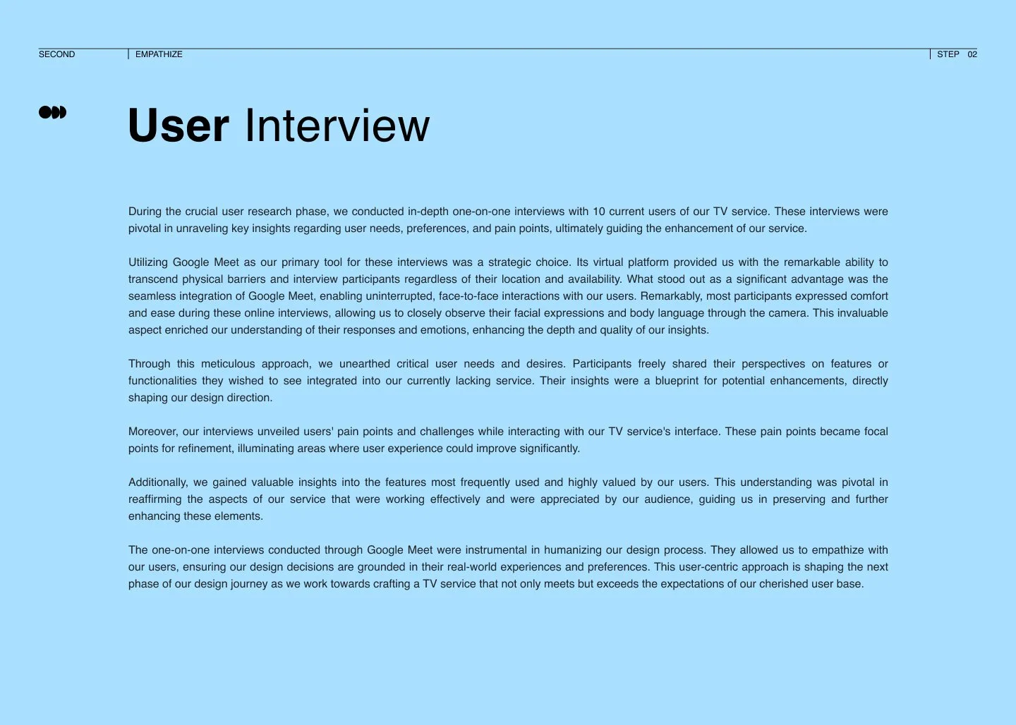 Document titled 'User Interview' with detailed paragraphs on research, Google Meet usage, insights, pain points, and user feedback, set against a blue background.