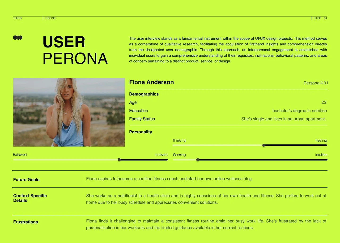 A brightly colored infographic profile of a user named Fiona Anderson, including a photo of her with long blonde hair, standing outdoors with a cityscape background, and sections detailing demographics, personality traits, future goals, context-specific details, and frustrations.
