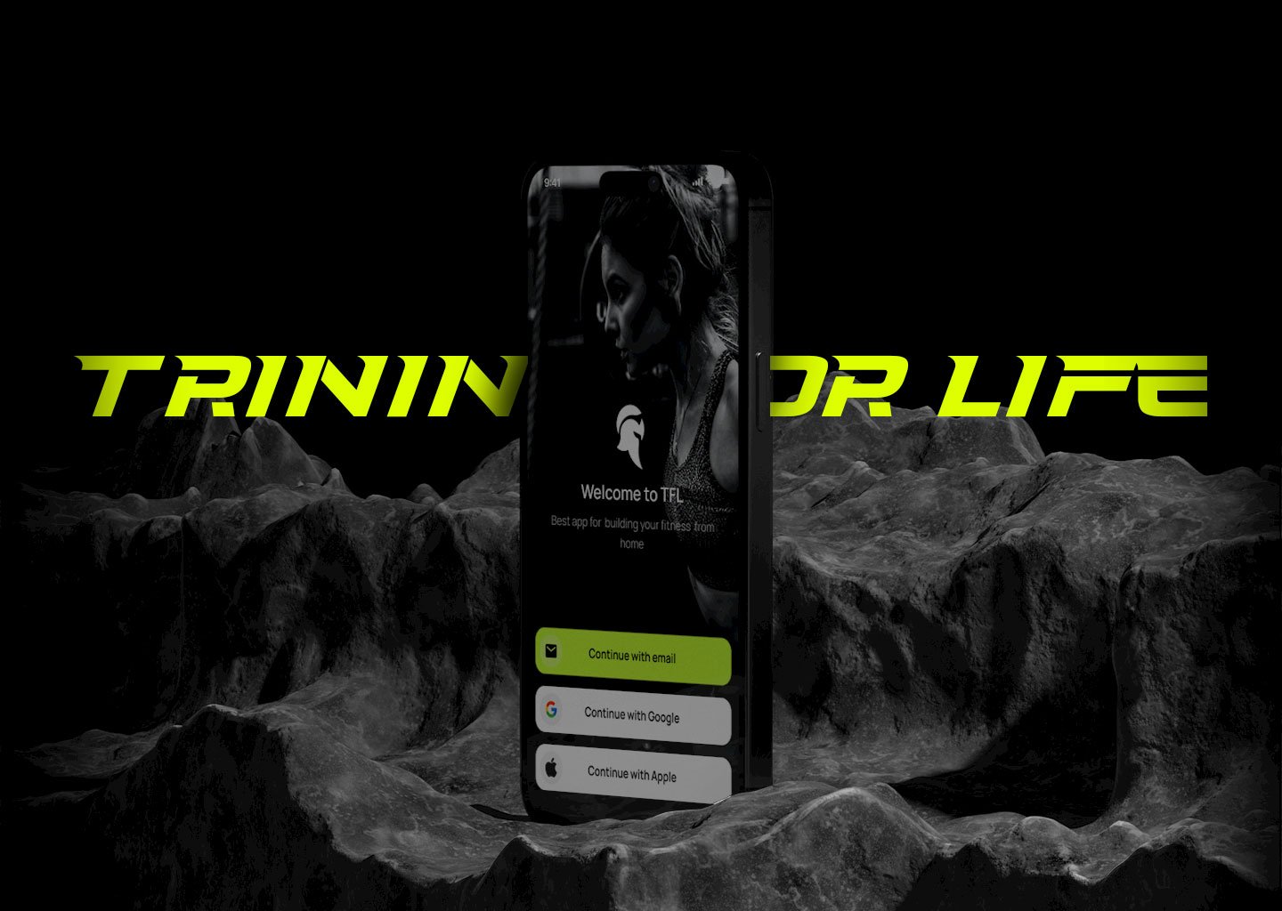 Advertisement for a fitness app called TFL, with a smartphone showing the app's login screen, set against a rocky landscape background with the slogan "Training Your Life" in neon yellow letters.