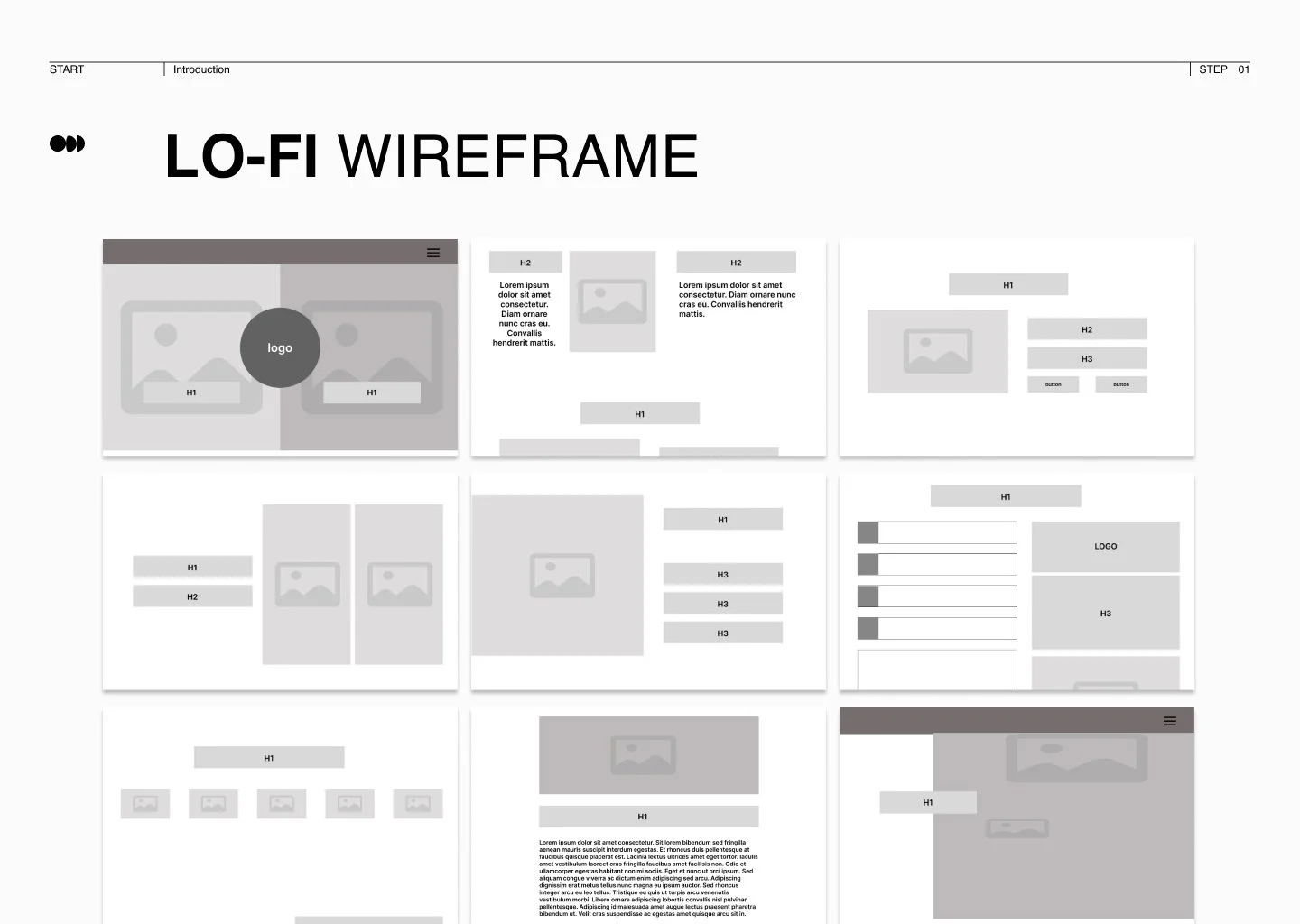 Wireframe of a website or presentation layout with multiple sections, images, and text blocks in grayscale.