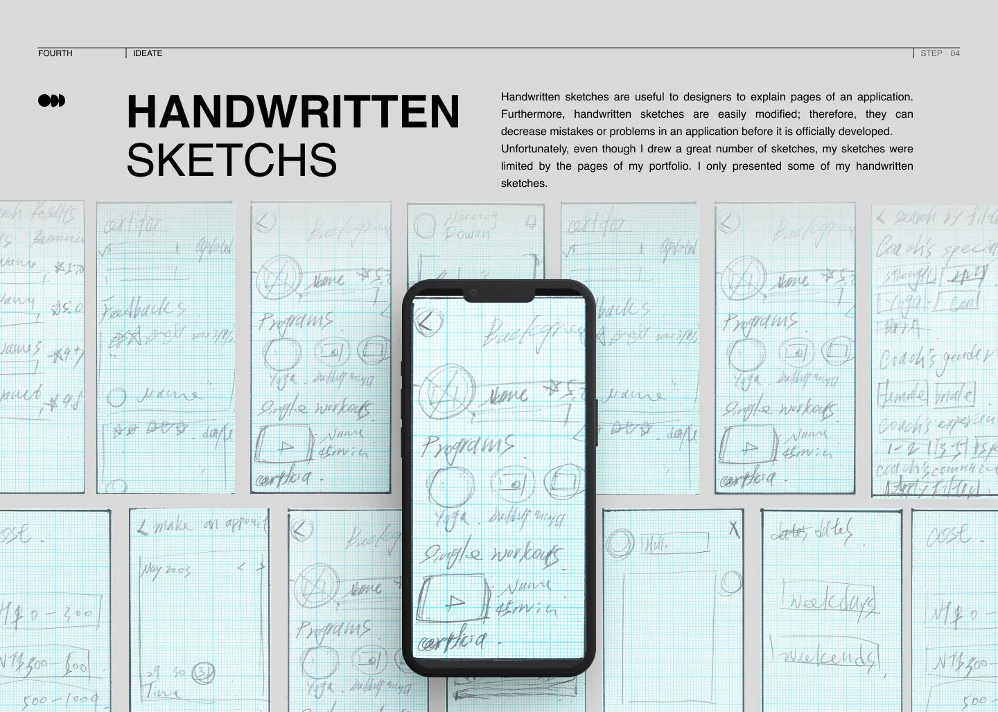 Page showing handwritten sketches of app screens on graph paper, with a smartphone in the center displaying a sample sketch. The page emphasizes handwritten sketches for app design.