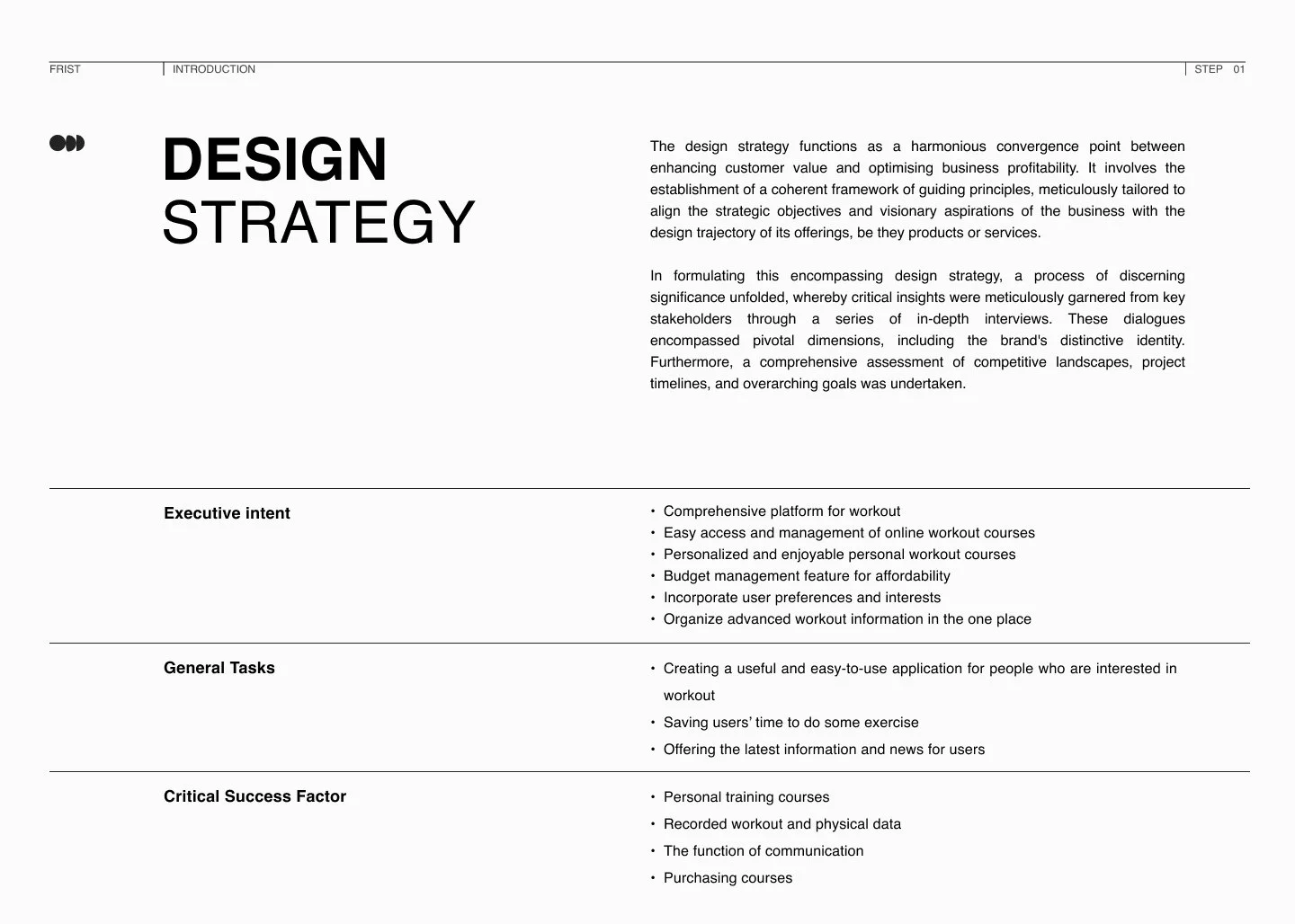A page from a document focused on design strategy, featuring headings such as 'Design Strategy', 'Executive intent', 'General Tasks', and 'Critical Success Factors'. The text explains the importance of design strategy, stakeholder insights, competitive landscape assessment, and details tasks like creating user-friendly applications and personal training courses.