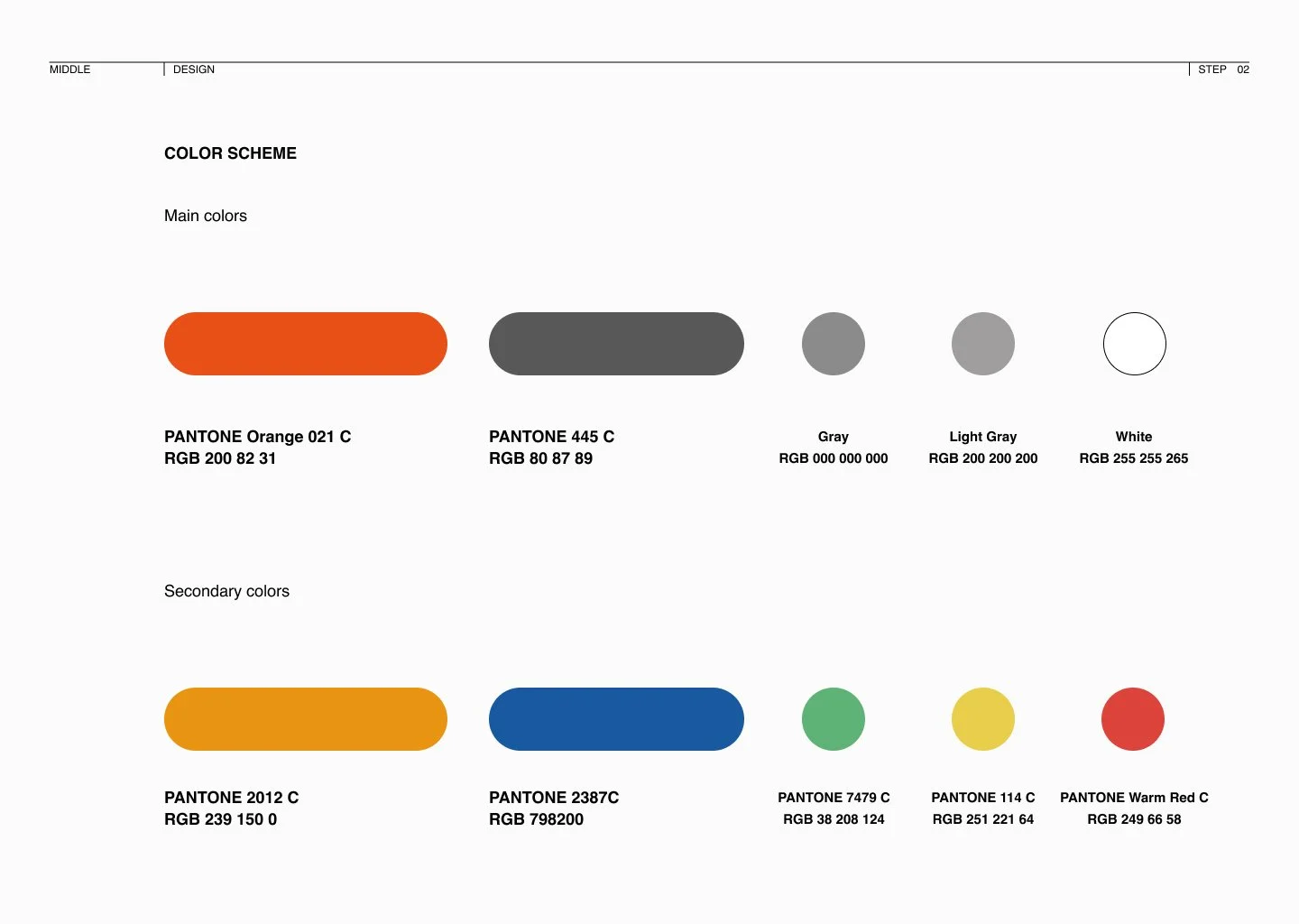 A color scheme chart displaying main and secondary colors with their Pantone names, RGB values, and circular color samples. Main colors include orange, dark gray, gray, light gray, and white. Secondary colors include orange, blue, green, yellow, and 