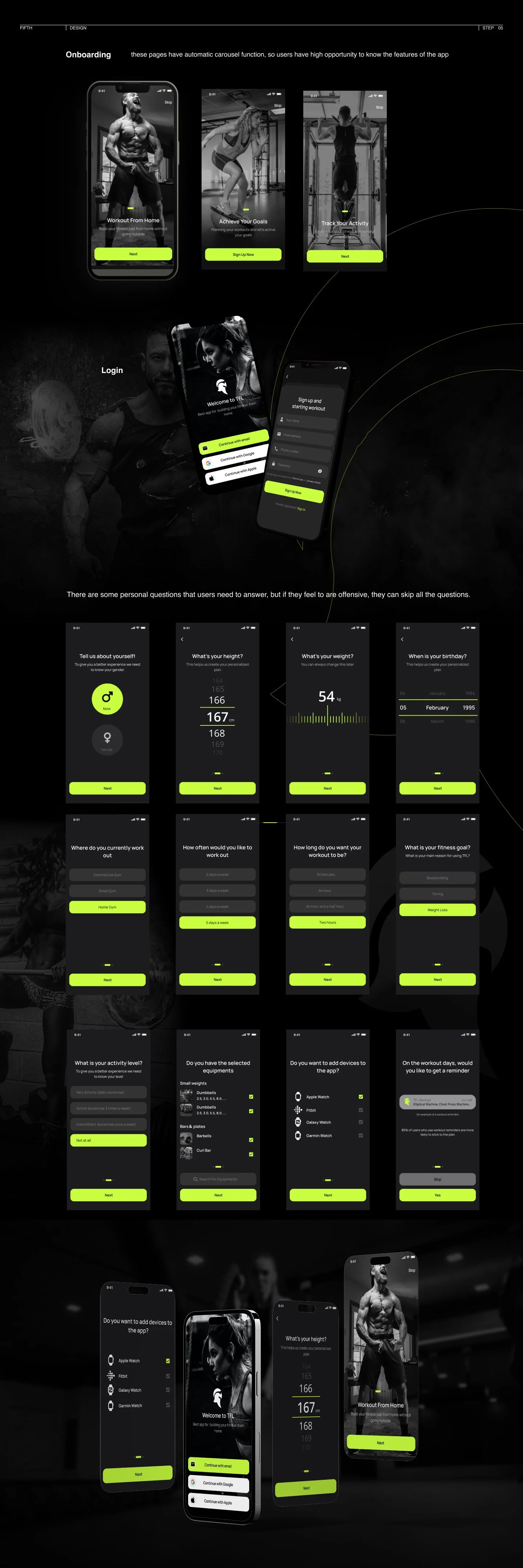 Smartphone app onboarding screens showing user registration, personal questions (height, weight, birthday), workout preferences, equipment selection, and device pairing options for a fitness app.