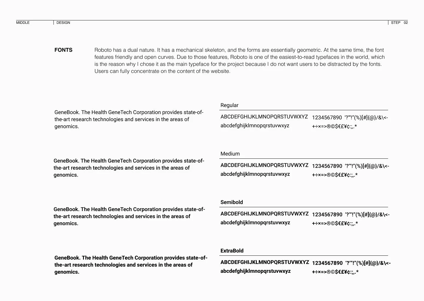 A page from a design document explaining the fonts used in a project, including descriptions and examples of different font styles: Regular, Medium, Semibold, and ExtraBold.