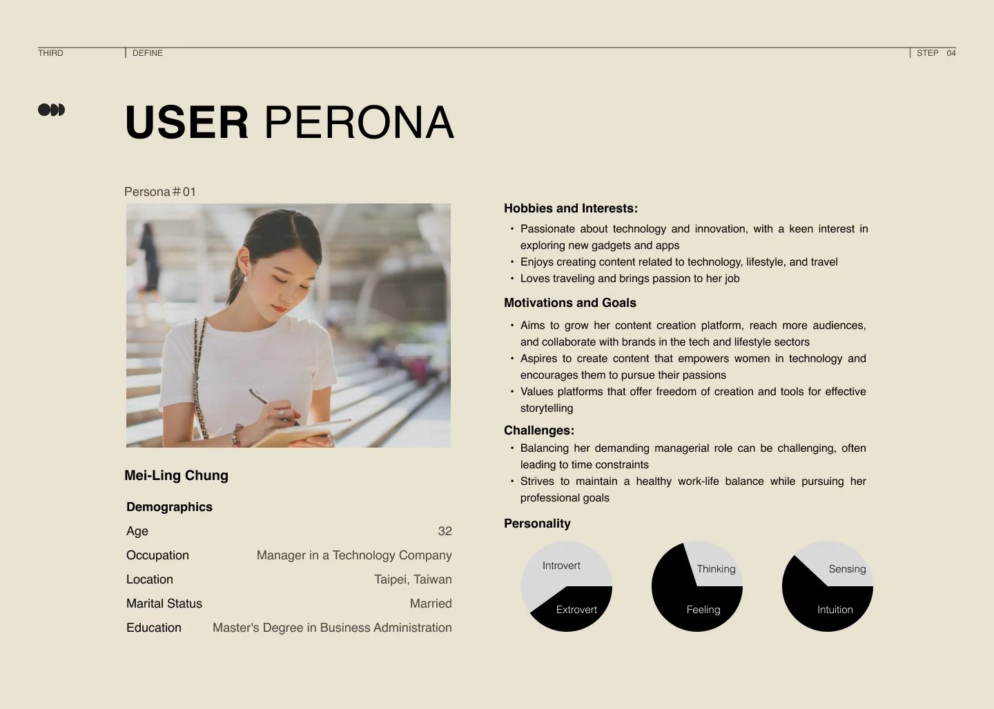 A digital persona profile of Mei-Ling Chung, a 32-year-old manager in a technology company based in Taipei, Taiwan, with details about her hobbies, motivations, challenges, and personality traits, including pie charts for her personality types.