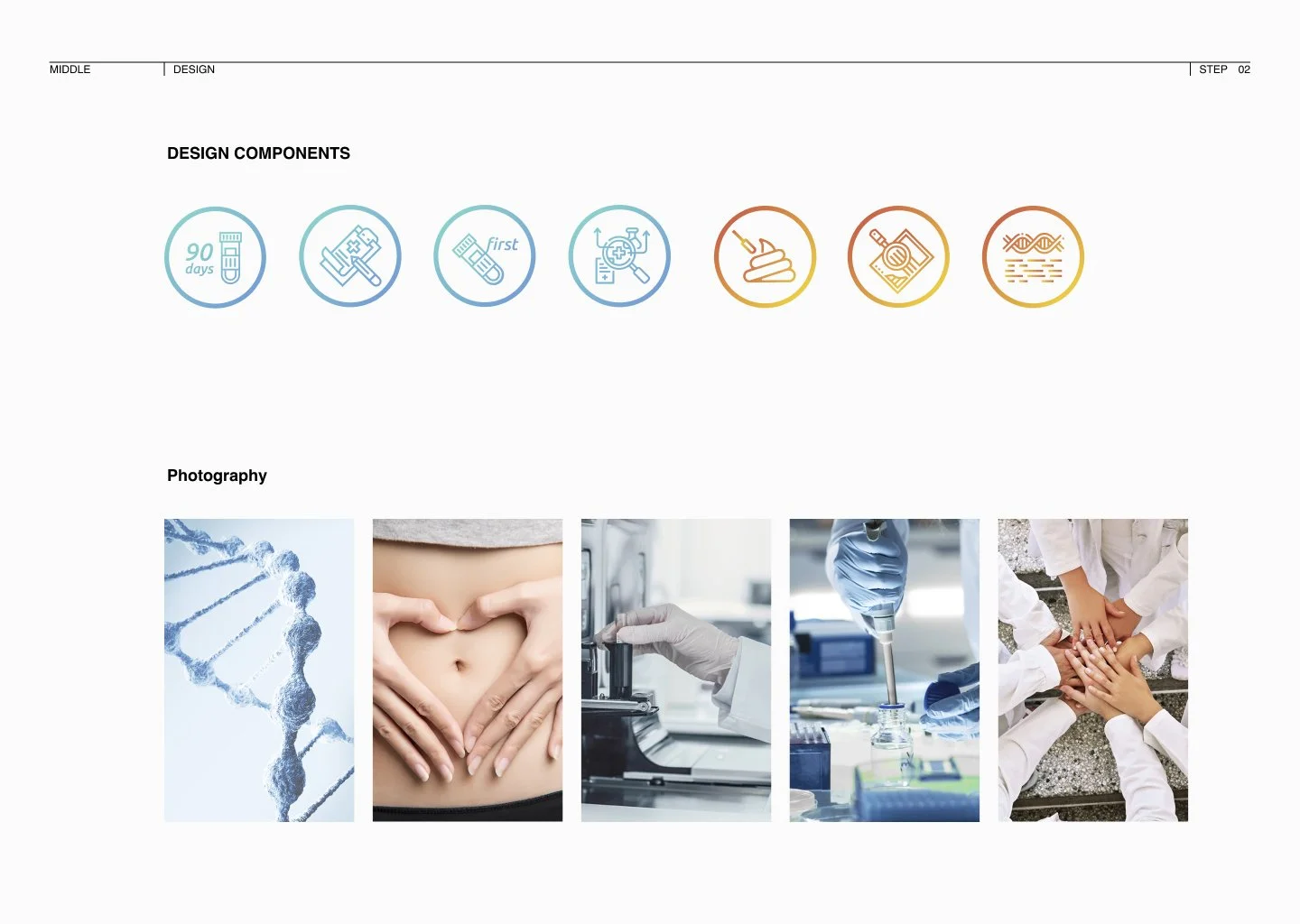 A digital graphic design layout with icons representing medical and scientific concepts and a row of photographs related to genetics, healthcare, and research.
