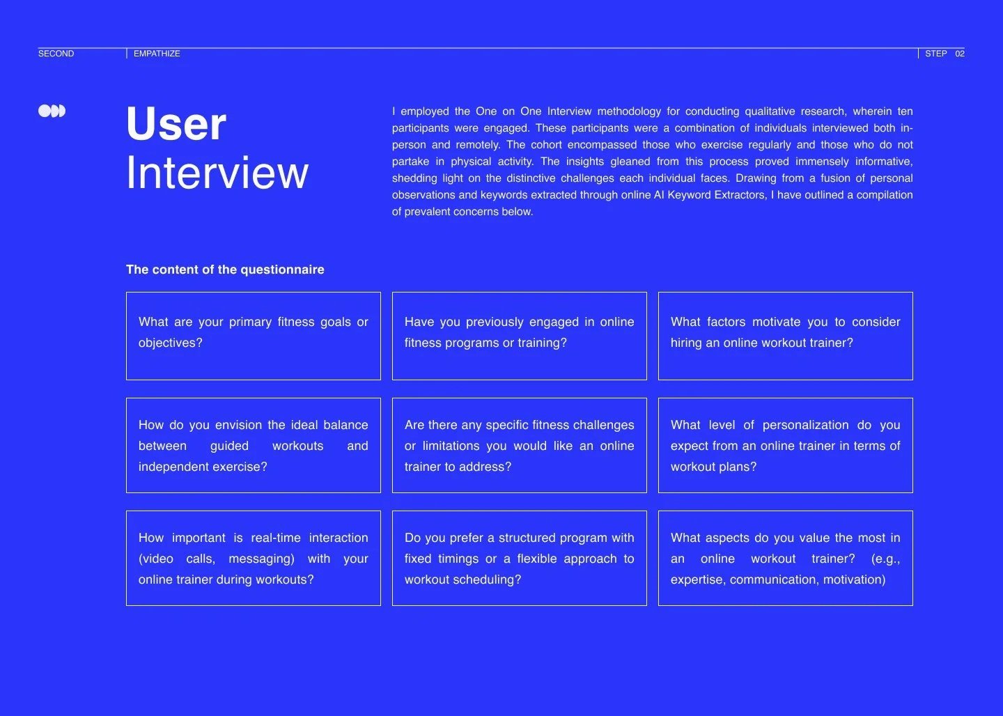 A blue screen displaying a user interview questionnaire with questions related to online fitness programs, including goals, motivation, challenges, and interaction preferences.