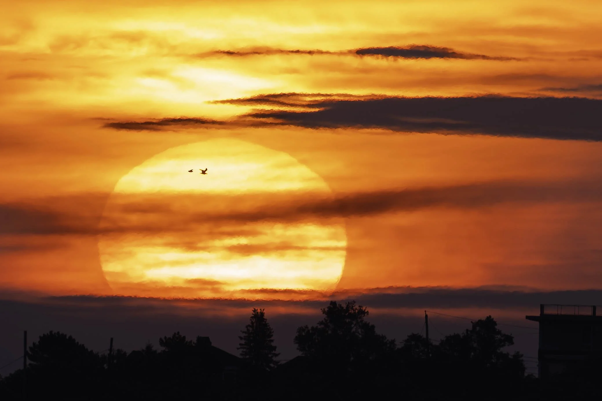 Close-up of a New England sunrise glowing through the clouds, with rich red and orange light filling the sky.