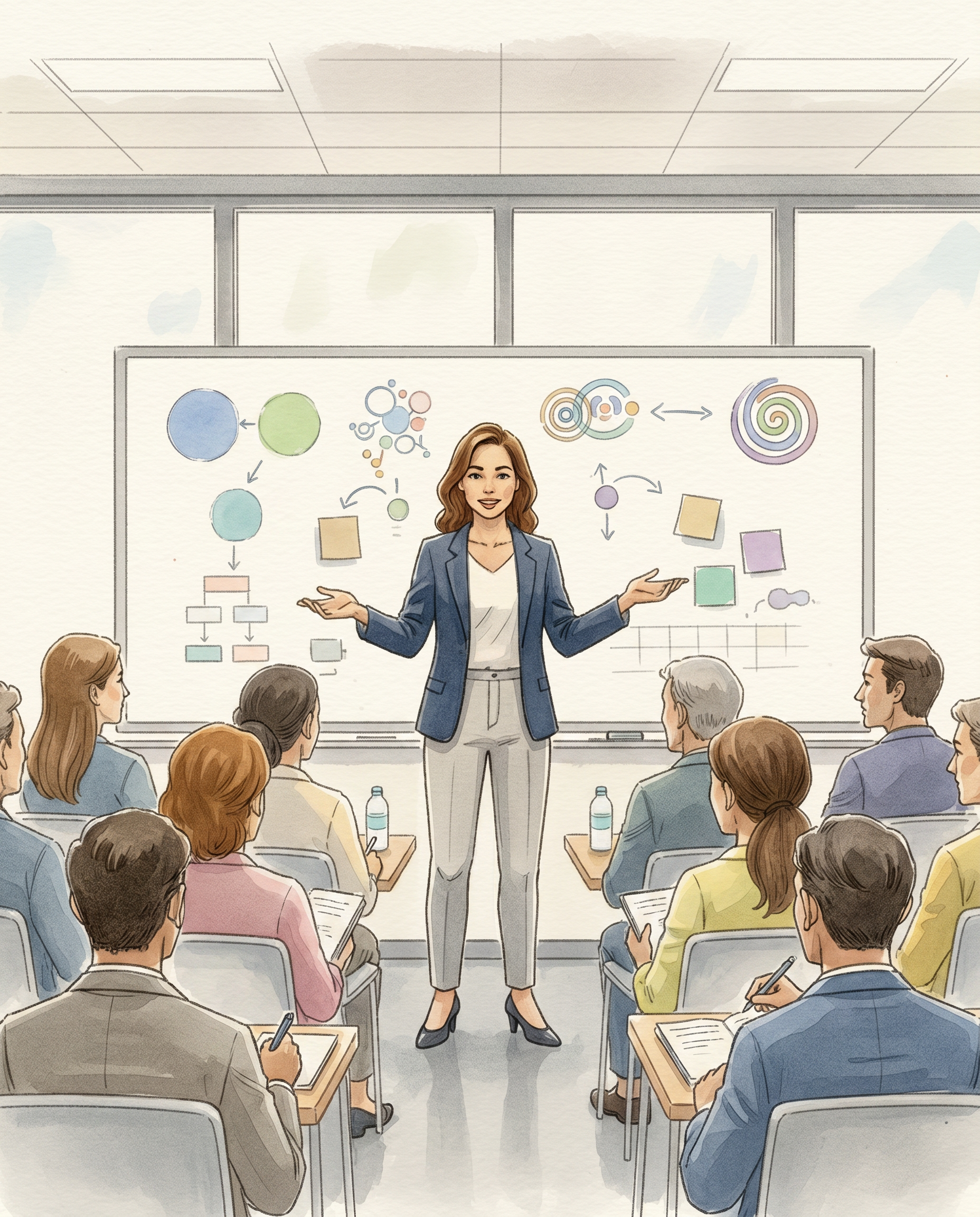 Une femme en costume présente lors d'une conférence ou d'une séminaire devant un groupe de personnes assises, avec un tableau blanc derrière elle, illustrant des schémas et des diagrammes.