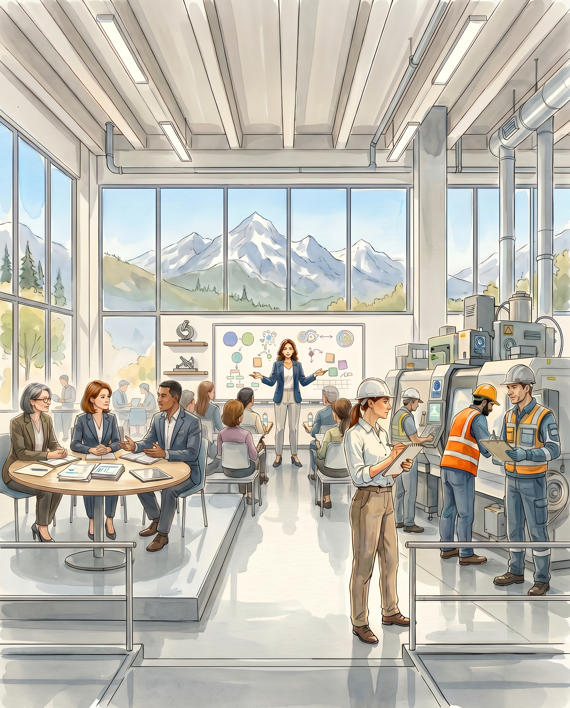Intérieur d'un laboratoire avec une grande vitrine sur fond de montagnes enneigées, plusieurs scientifiques et ingénieurs travaillent, un professeur donne une présentation avec un tableau illustré, des machines de haute technologie et des travailleurs en casques de sécurité