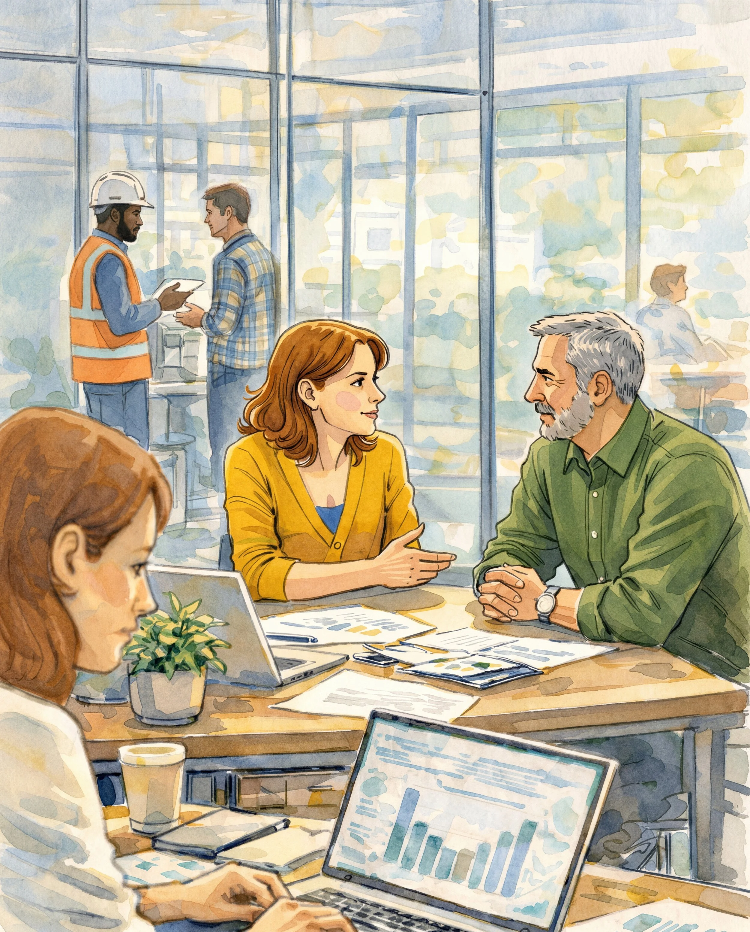 Une scène de réunion ou discussion de groupe dans une salle moderne avec plusieurs personnes assises autour d'une table, utilisant des ordinateurs et des documents.