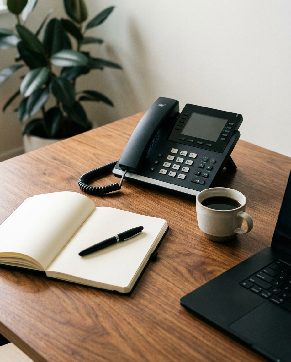 Un bureau en bois avec un ordinateur portable, un téléphone de bureau, un carnet ouvert avec un stylo, une tasse de café et une plante verte en arrière-plan.
