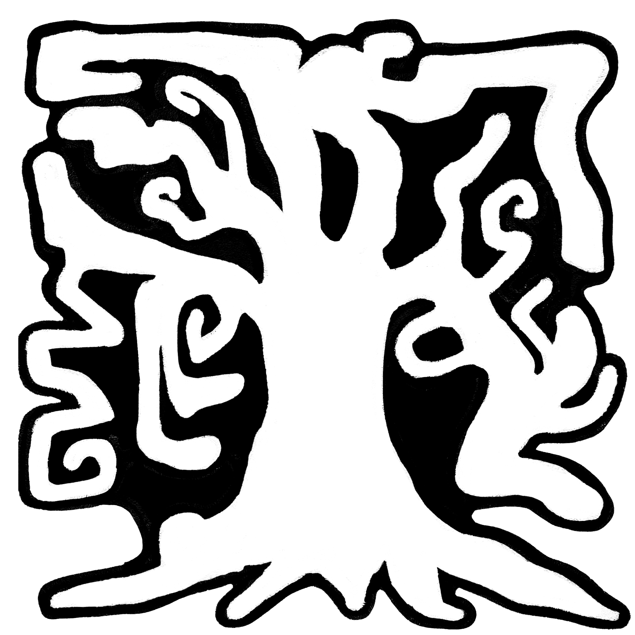 A black and white abstract drawing of a tree with twisting branches and roots.