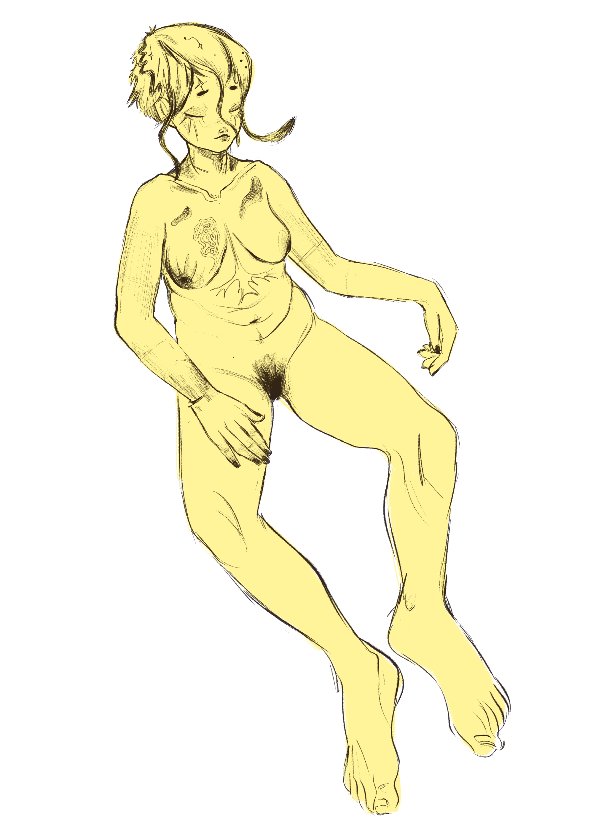 A digital drawing of a nude woman with blonde hair, seated with one arm resting on her knee, against a black background with yellow graphic elements.