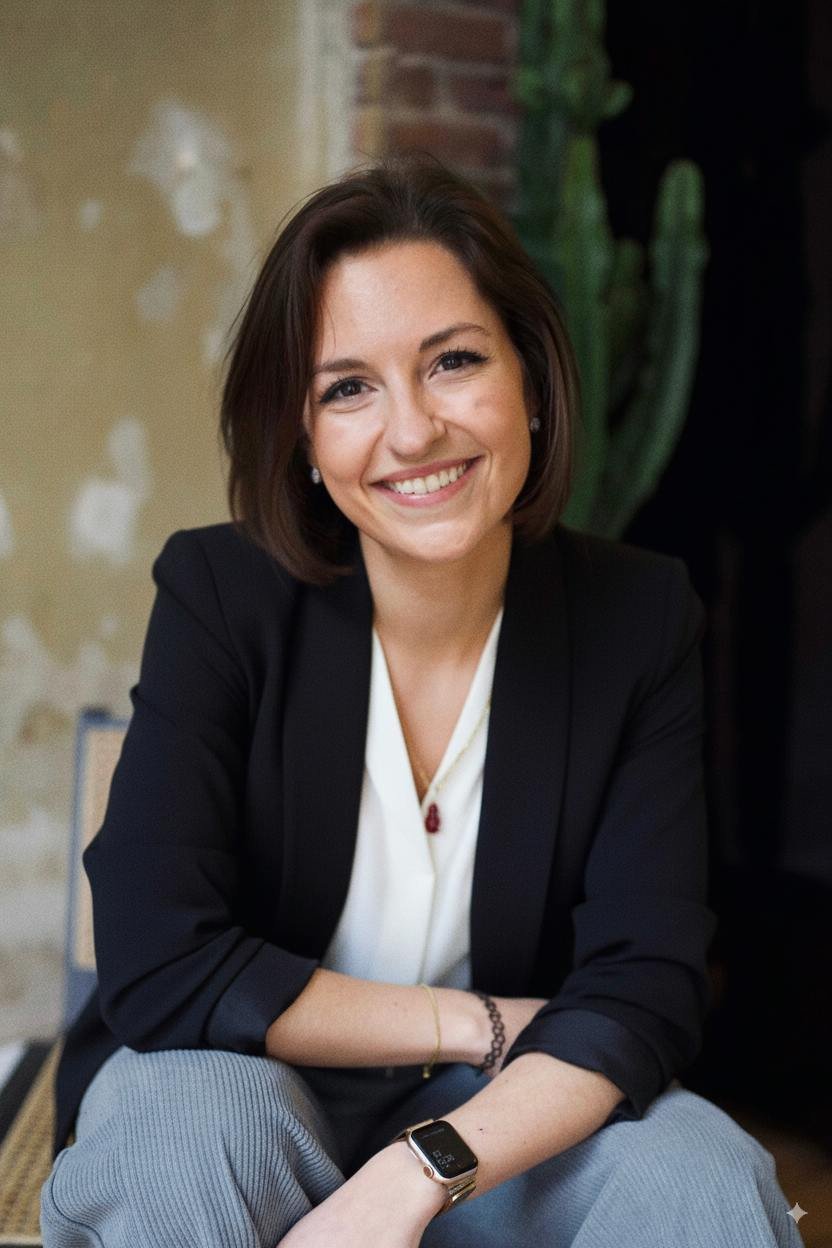 Eine lachende Frau mit dunklem, schulterlangem Haar, trägert eine schwarze Blazer und eine weiße Bluse, sitzt entspannt vor einer Wand mit Ziegelstein und Pflanzen im Hintergrund.